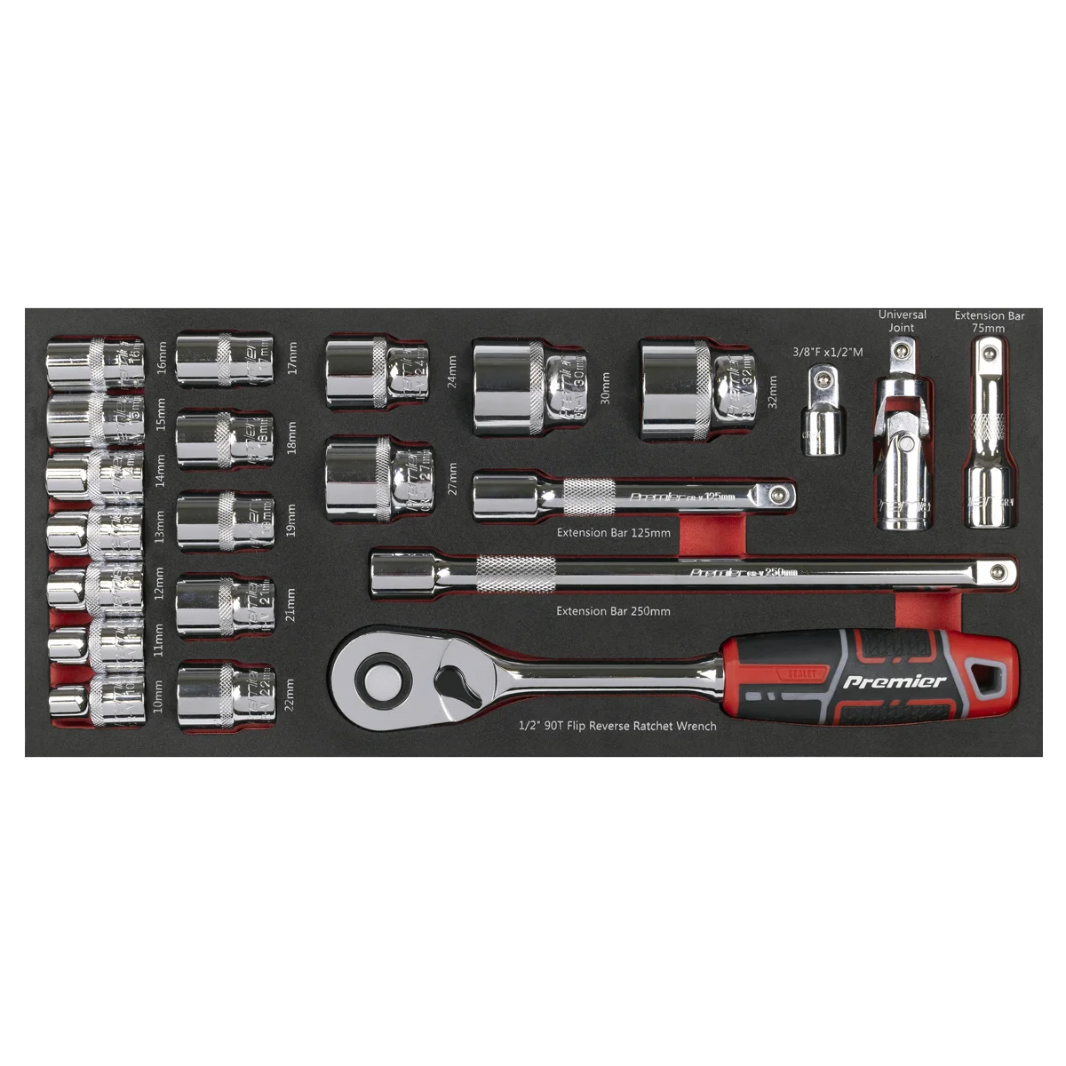 Sealey Premier Socket Set 22 Piece 1/2" Sq Drive with Tool Tray TBT42