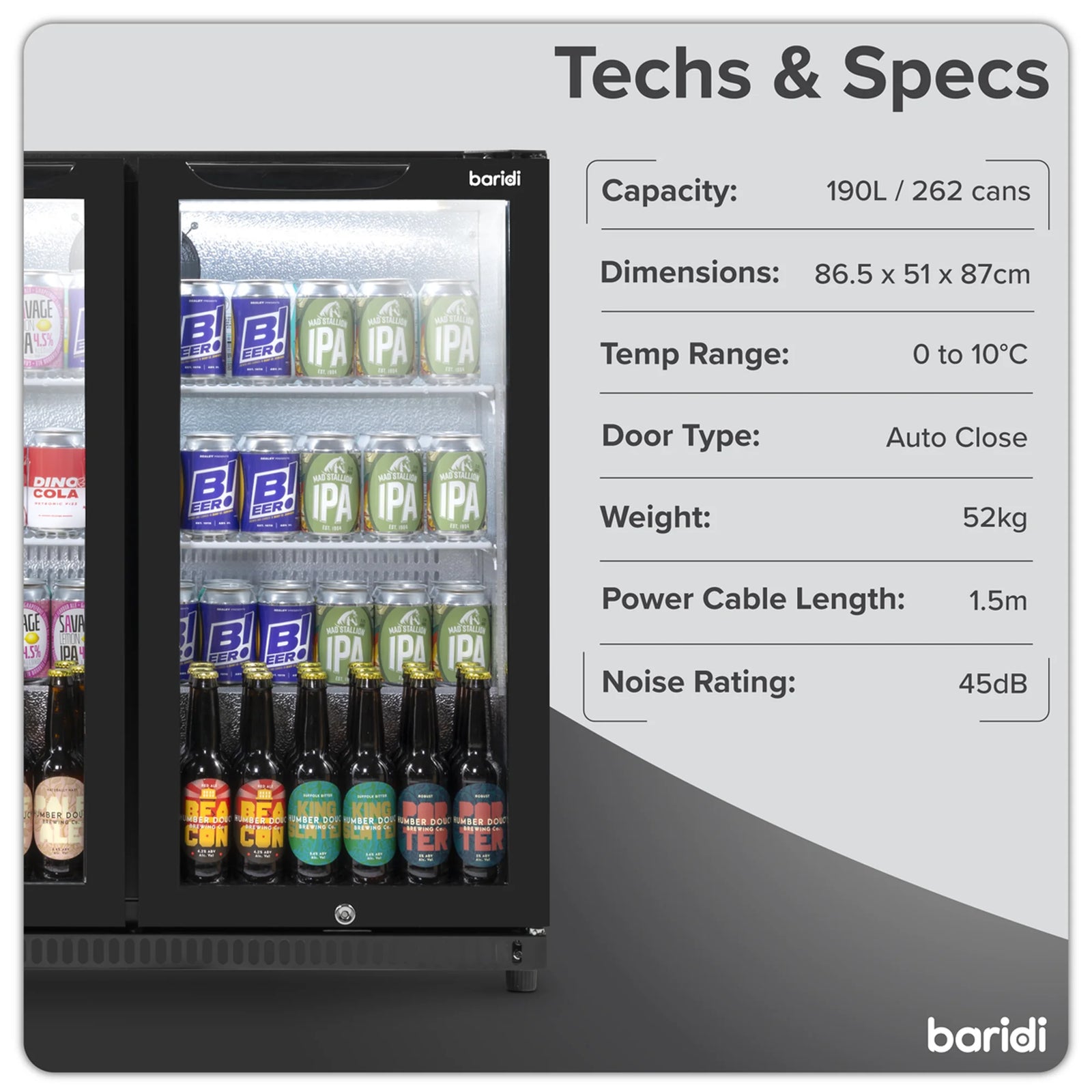 Baridi Back Bar Drinks Fridge DH272 190L Capacity - Black