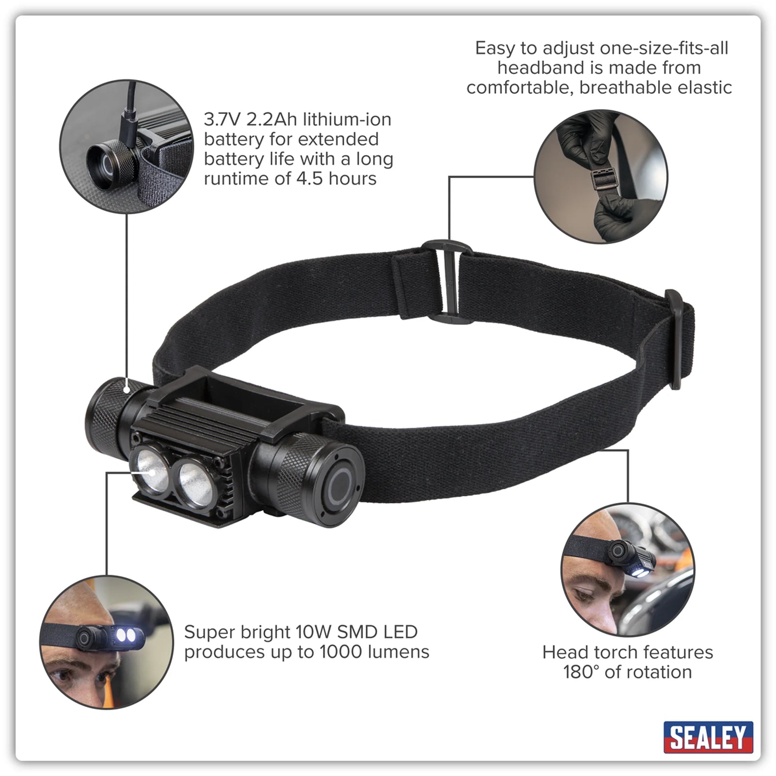 Sealey Rechargeable Head Torch HT110R 1000 Lumen