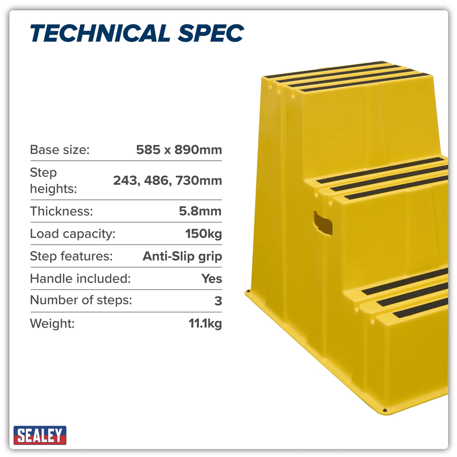 Sealey Heavy-Duty 3-Step Safety Steps 150kg Capacity Yellow