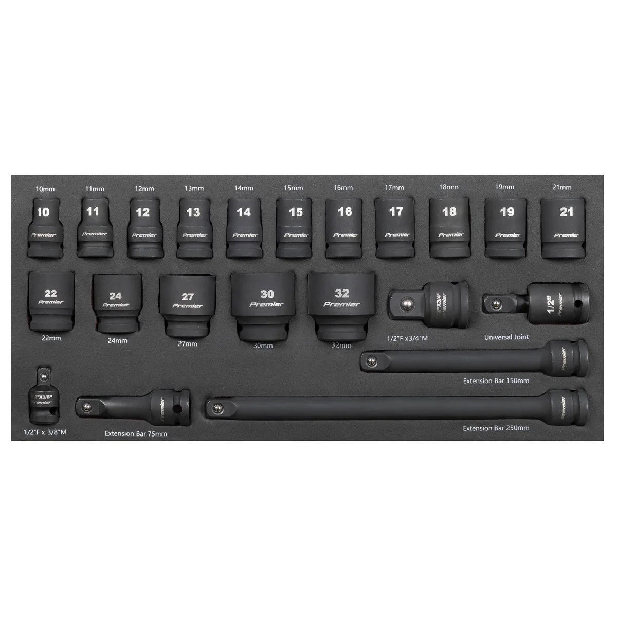 Sealey Premier Impact Socket Set 22 Piece 1/2" Drive with Tool Tray TBT46