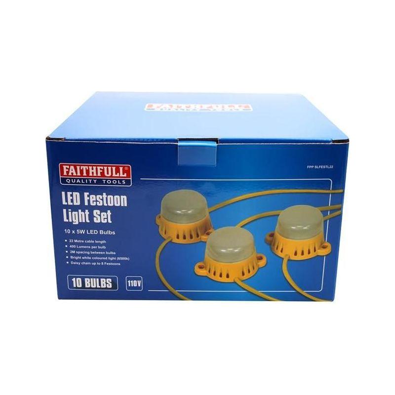 Faithfull Power Plus Festoon Lights 10 LED Bulbs 110V 22m