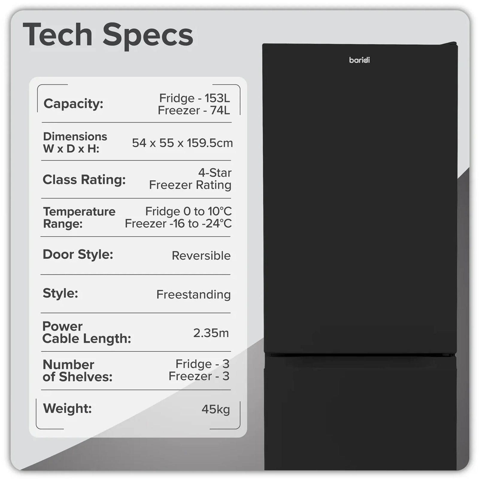 Baridi Fridge Freezer DH327 227L Capacity - Black