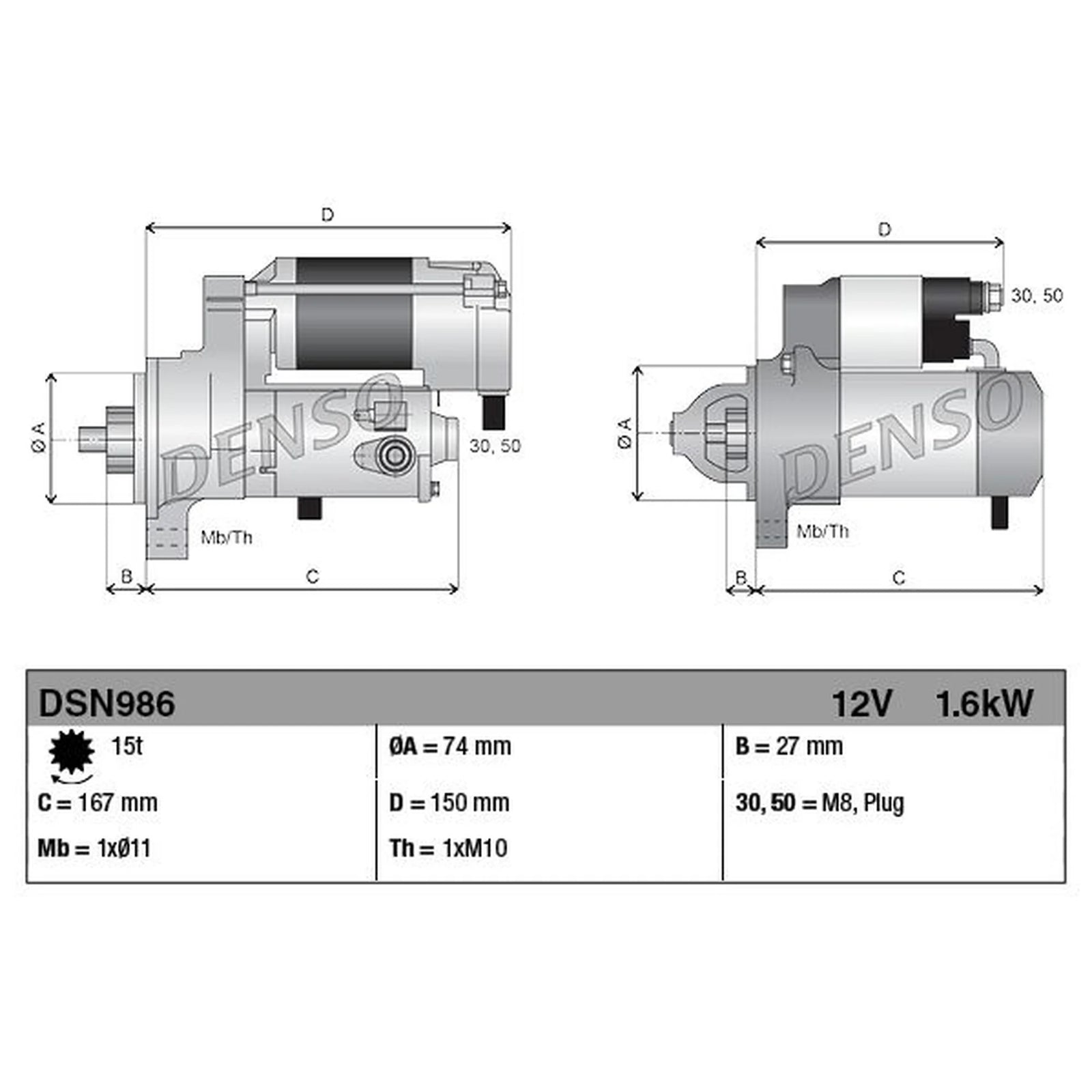 Denso Starter Motor 12V 1.6kW 15 Teeth DSN986