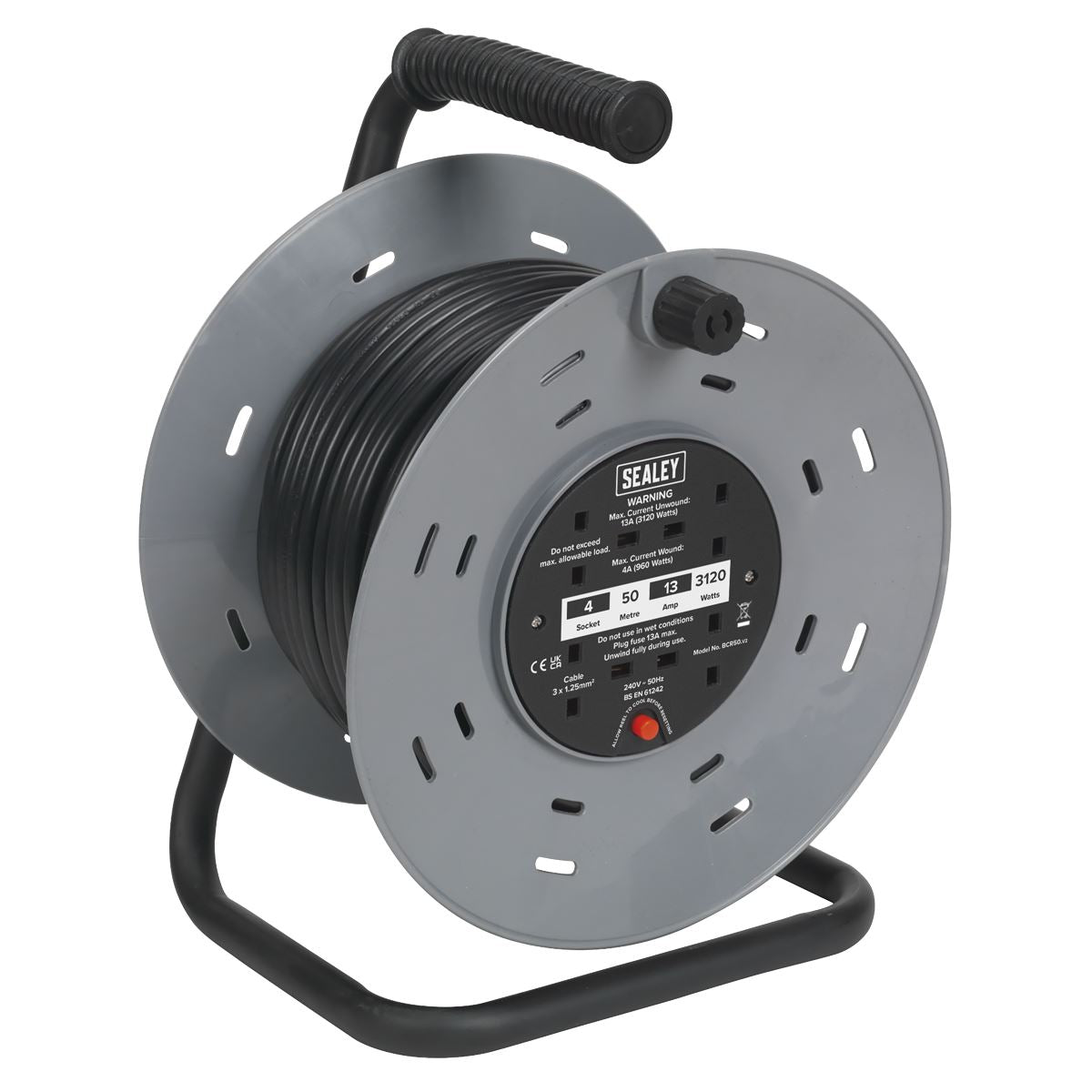 Sealey Cable Reel 50m 4 x 230V 1.25mmï Thermal Trip BCR50