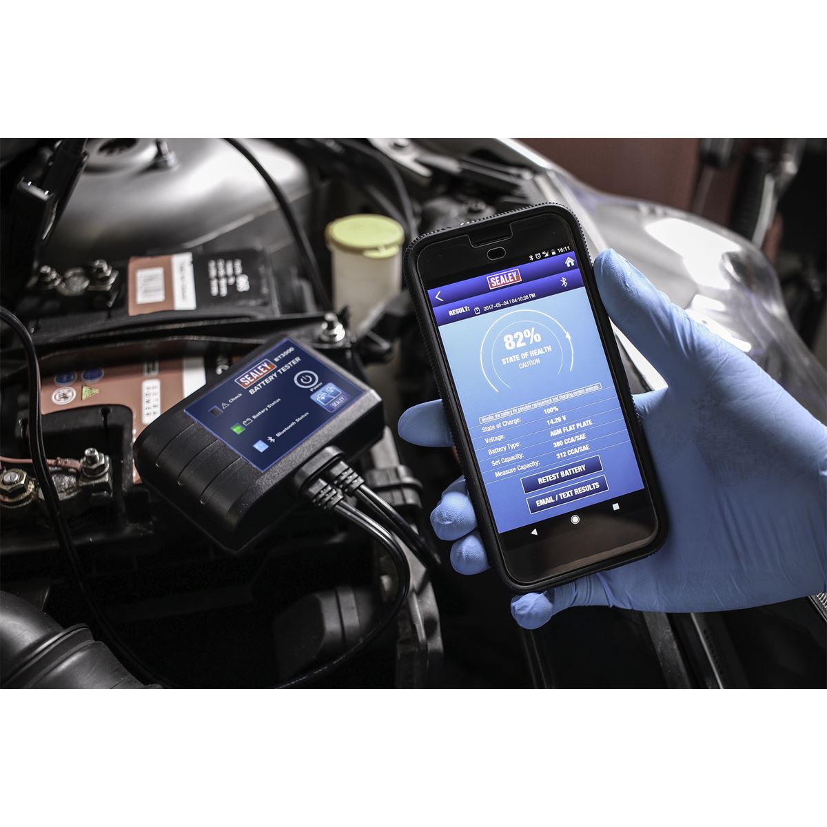 Sealey Bluetooth Battery Tester Charging Tests from Smartphone Waterproof BT3000