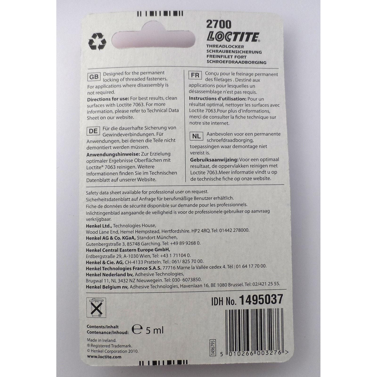 2x Loctite 2700 OEM Specified High Strength Thread Lock & Sealant- Stud/ Nutlock