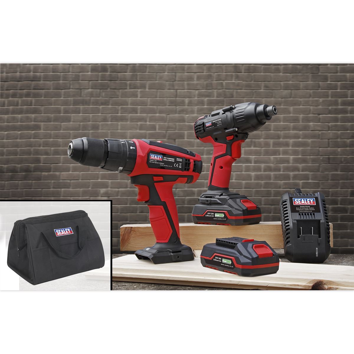 Sealey 20V SV20 Series Cordless13mm Hammer Drill/1/4"Hex Drive Impact Driver Com