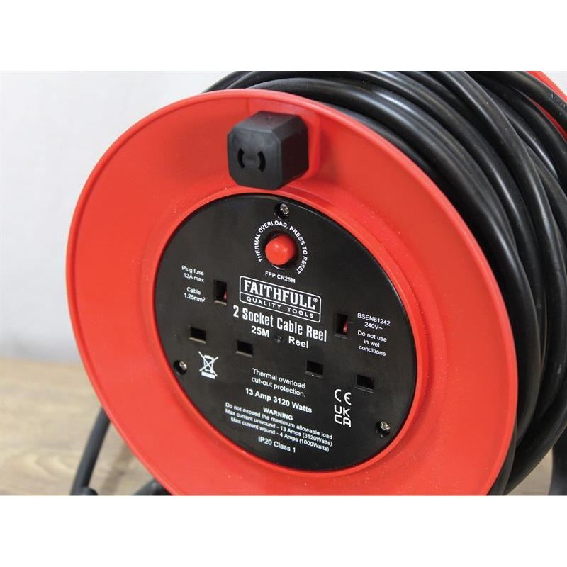 Faithfull Power Plus Open Drum Cable Reel 240V 13A 2-Socket 25m