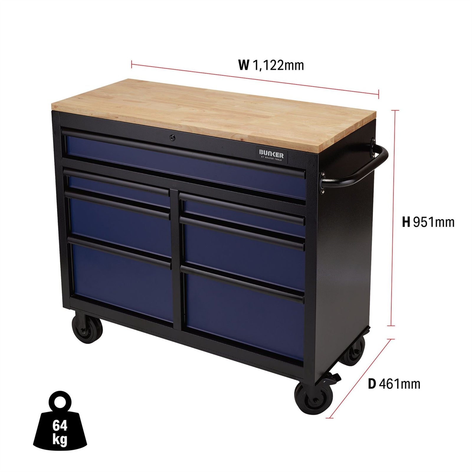 Draper BUNKER Workbench Roller Tool Cabinet, 7 Drawer, 41", Blue 08222