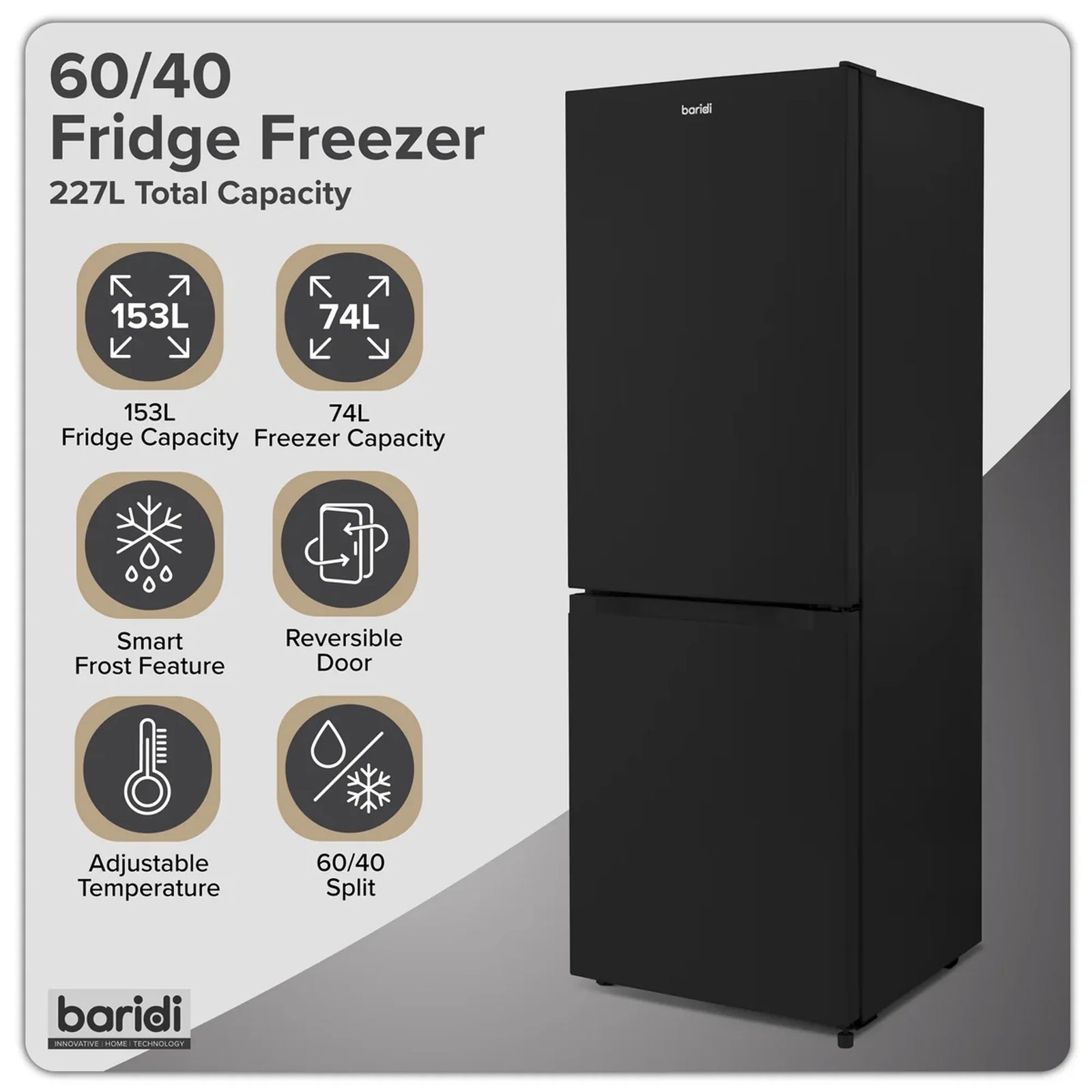 Baridi Fridge Freezer DH327 227L Capacity - Black