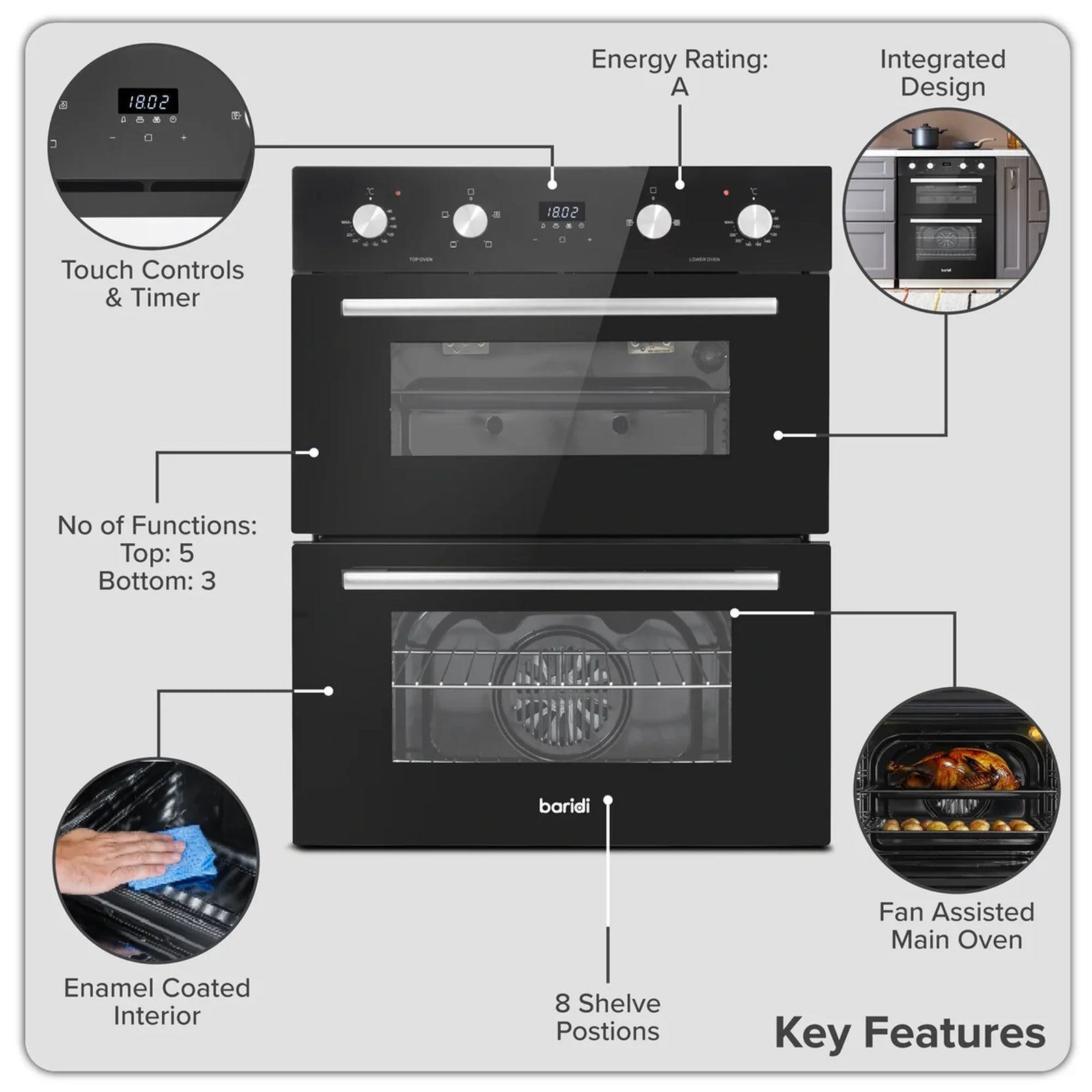 Baridi Built-Under Double Oven DH278, 74L Capacity, Energy Rating A