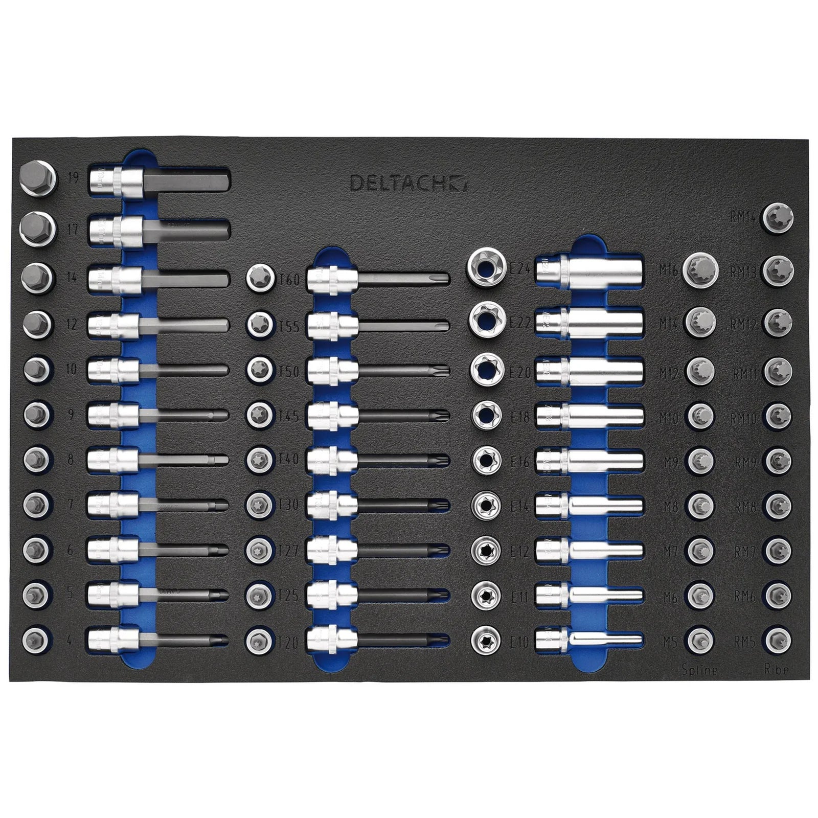 BUNKER Torx, Hexagon, E-Torx, Multi-Tooth/Spline, Ribe Socket Set, 1/2" Sq. Dr. in EVA Foam Inlay