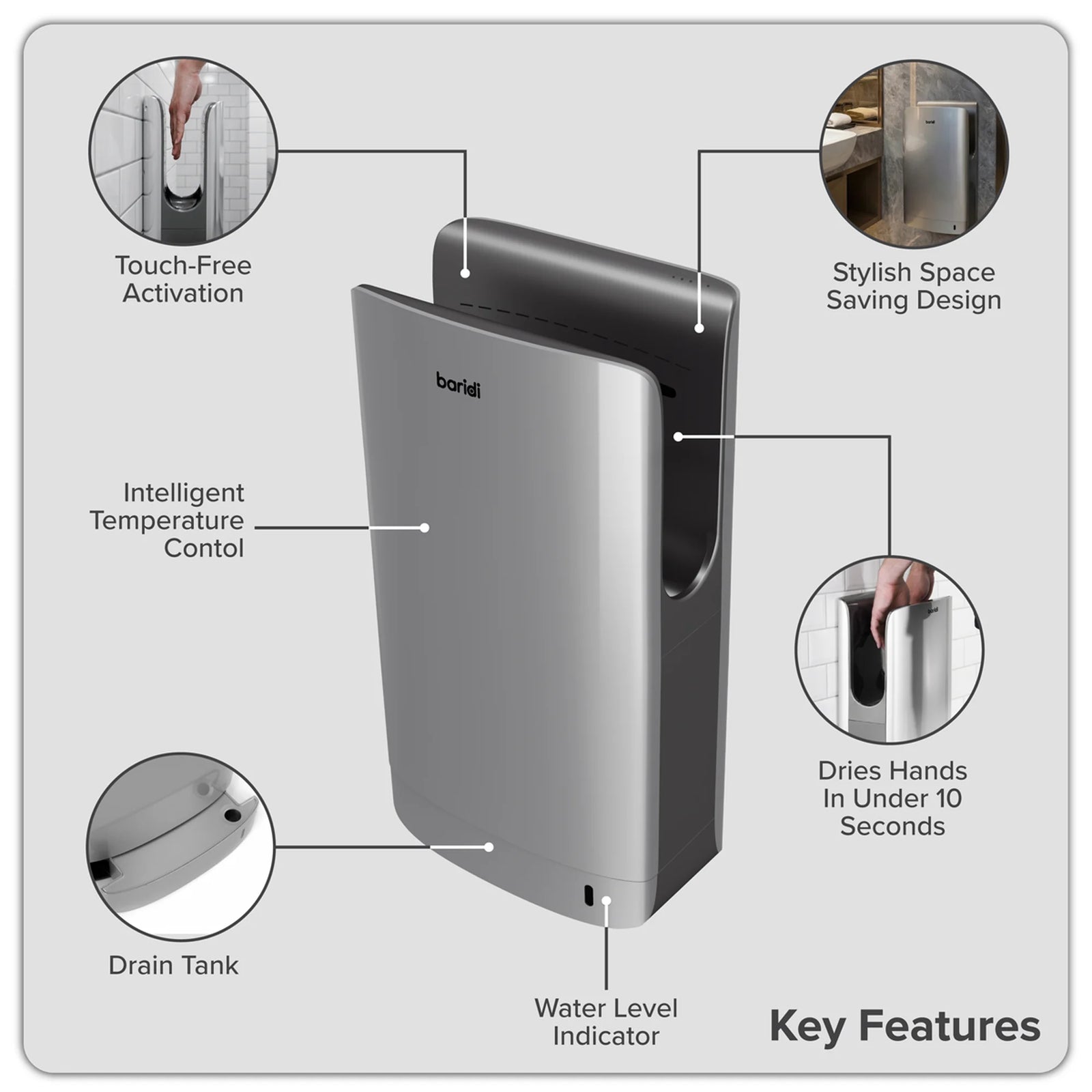 Baridi Hand Dryer DH150 1750W with HEPA Filter - Silver