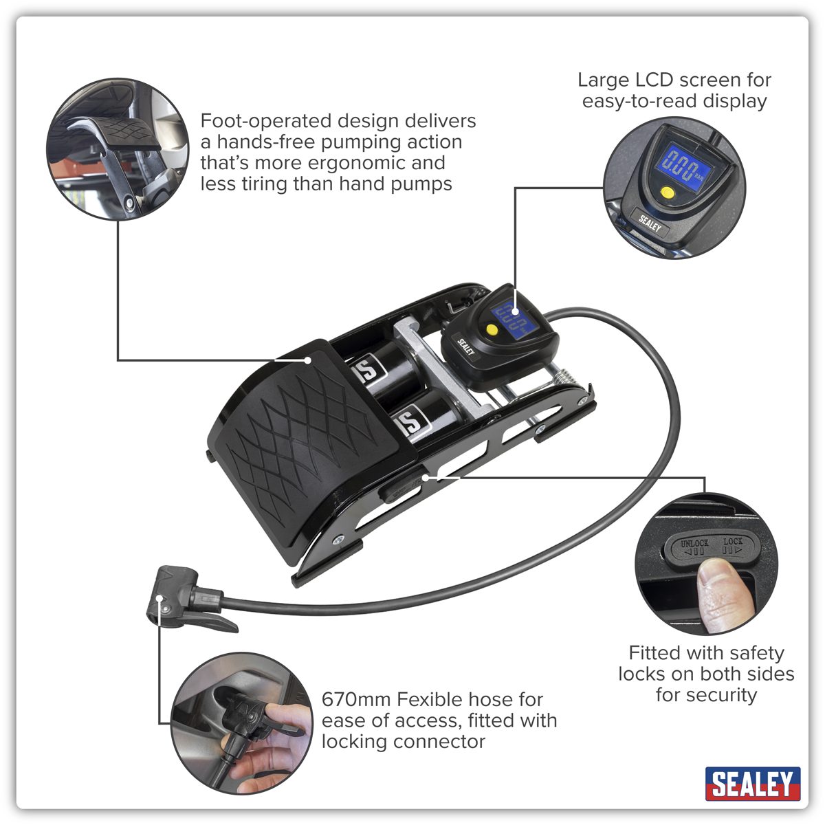 Sealey Twin Barrel Digital Foot Pump 73psi with LCD Gauge