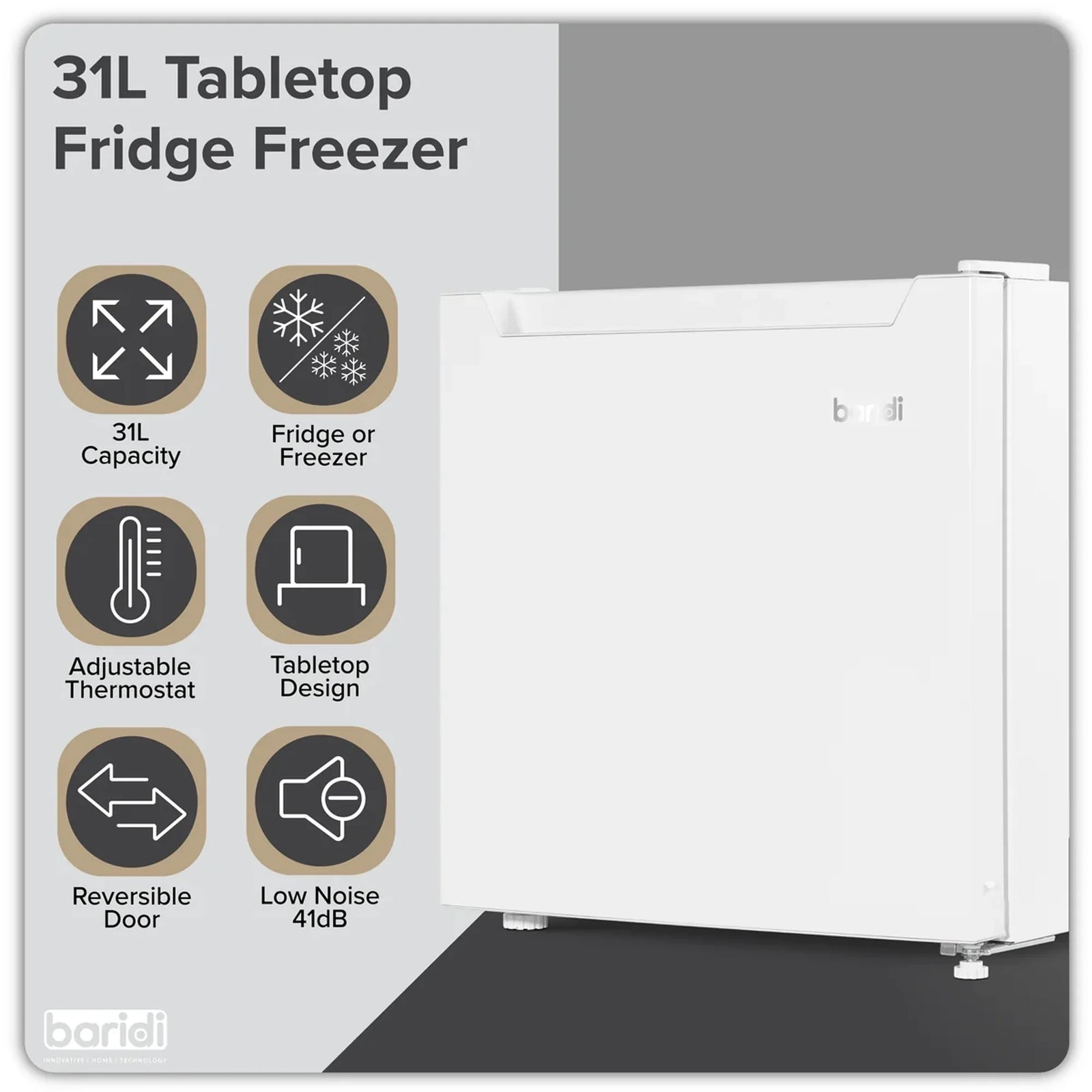 Baridi Mini Tabletop Fridge/Freezer DH254 31L Capacity White
