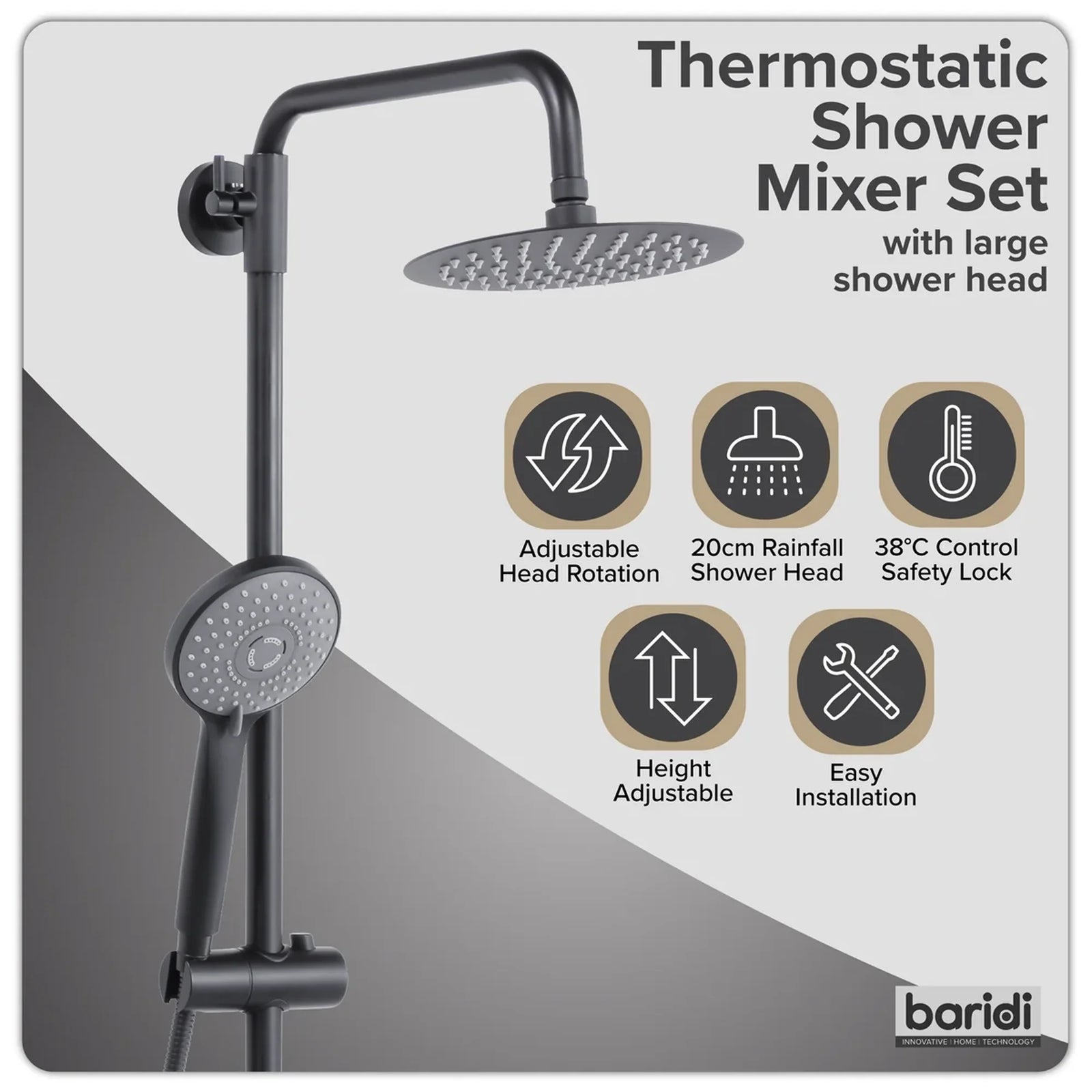 Baridi Thermostatic Shower Mixer Set 20cm Round Head Adjustable Rail