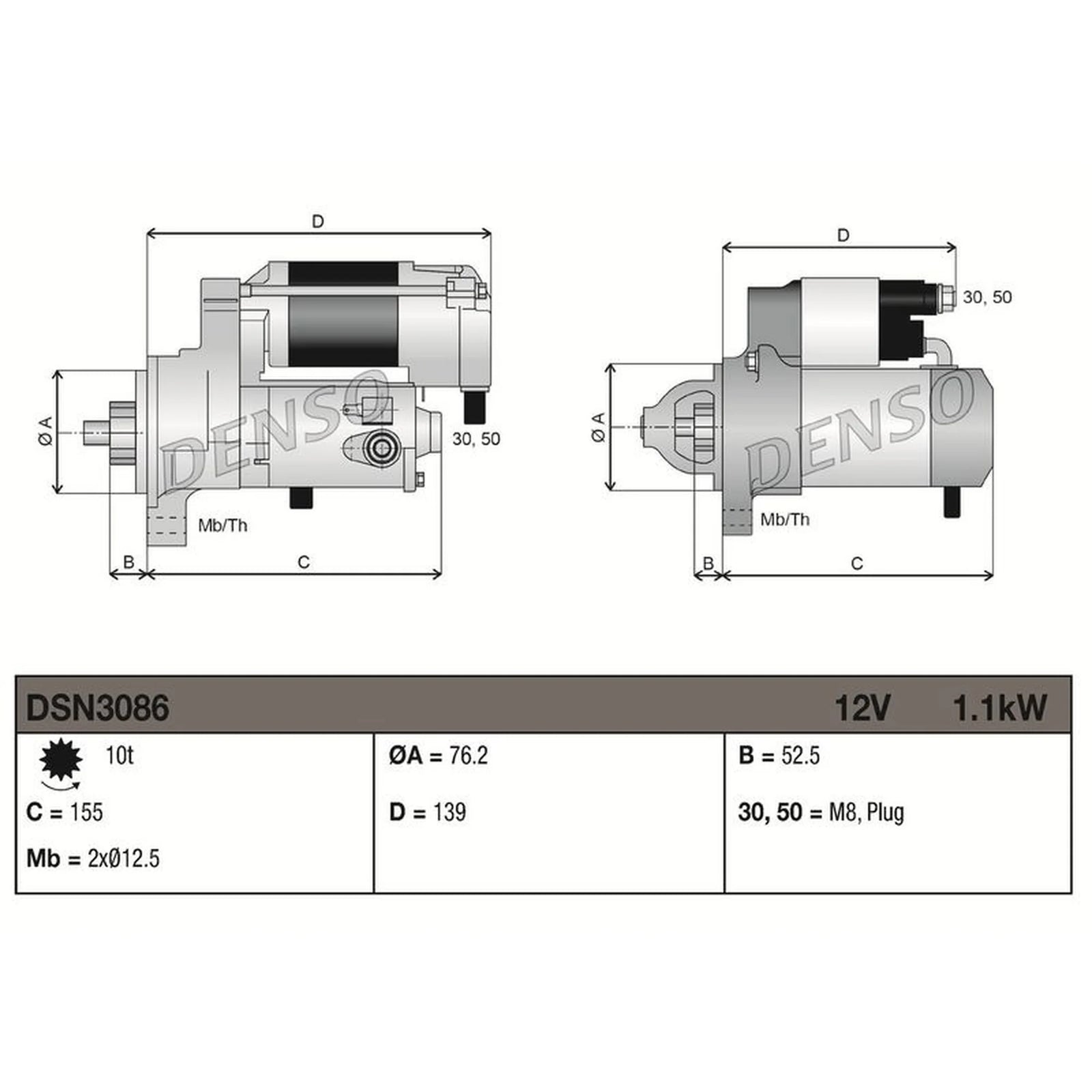 Denso Starter Motor 12V 1.1kW 10 Teeth DSN3086