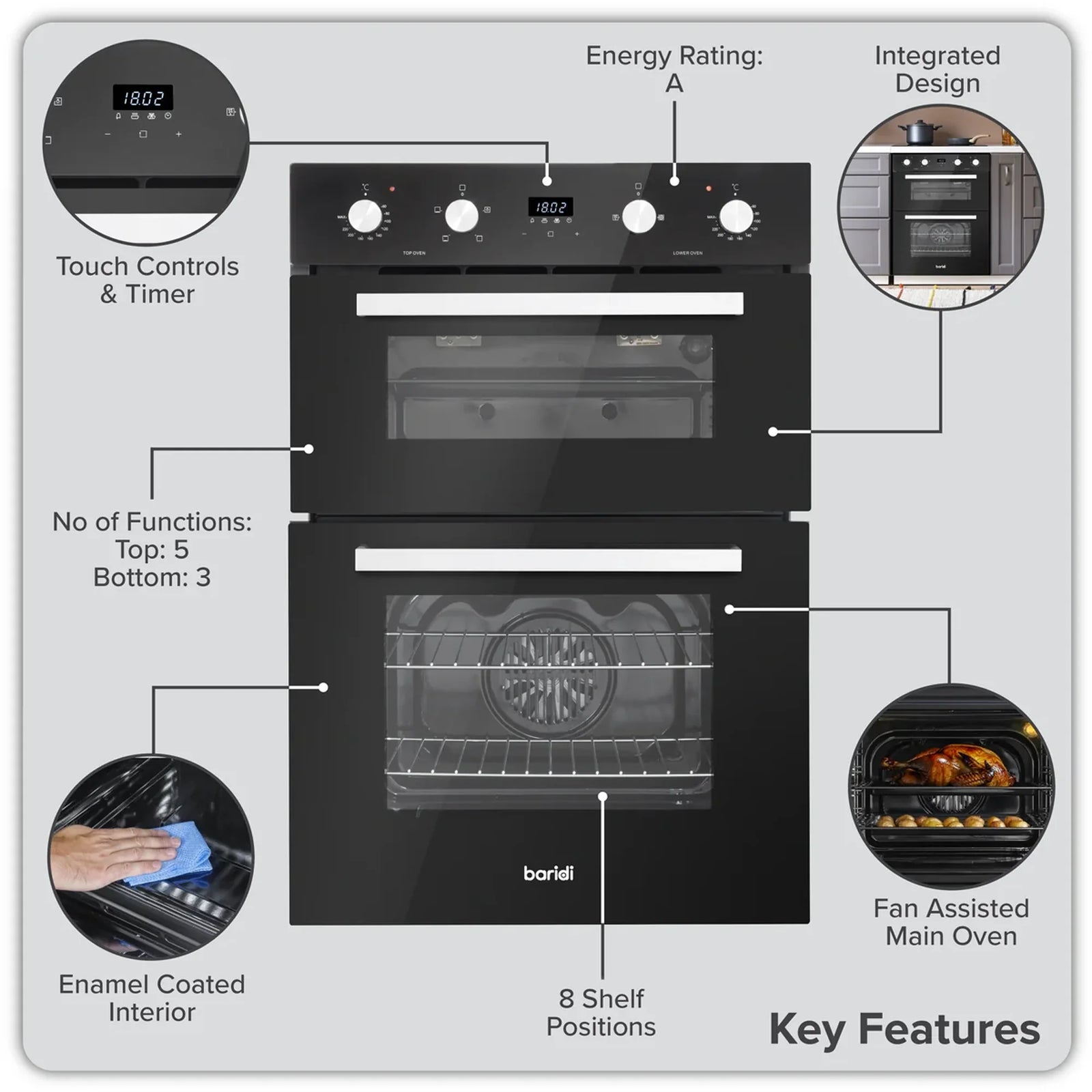 Baridi Built-Under Double Oven DH278, 74L Capacity, Energy Rating A