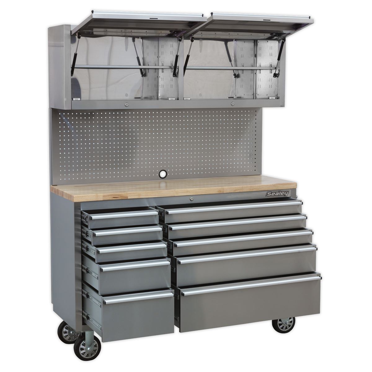 Sealey Mobile Stainless Steel Tool Cabinet 10 Drawer with Backboard & 2 Wall Cup