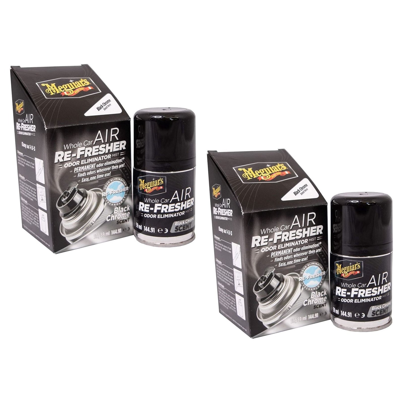 2x Meguiar's Whole Car Air Re-Fresher Odor Eliminator Black Chrome Scent 59ml