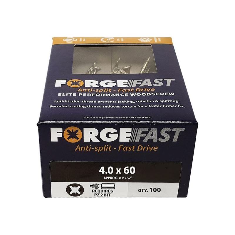 Forgefix ForgeFast Pozi Compatible Elite Performance Wood Screw ZY 4.0 x 60mm Box 100