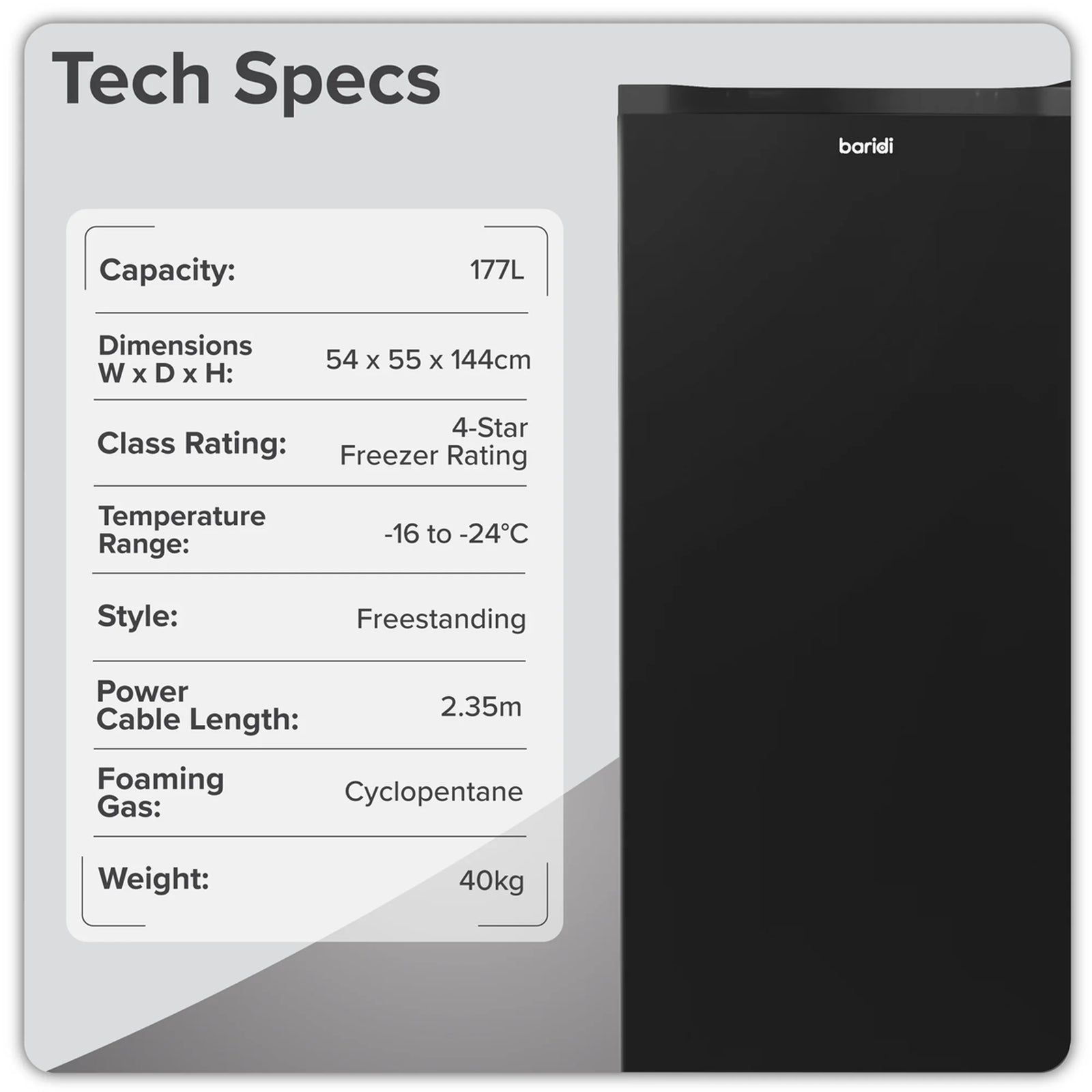 Baridi Freestanding Freezer 177L Capacity - Black