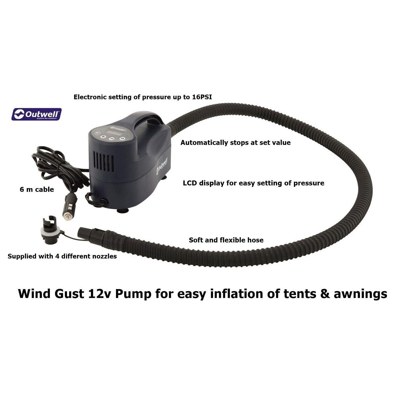 Outwell Wind Gust Tent Pump 12V, electrical pump to inflate tents / awnings