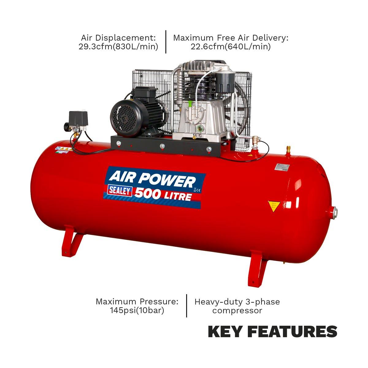 Sealey 500L Belt Drive Air Compressor with Cast Cylinders 7.5hp 3ph 2-Stage