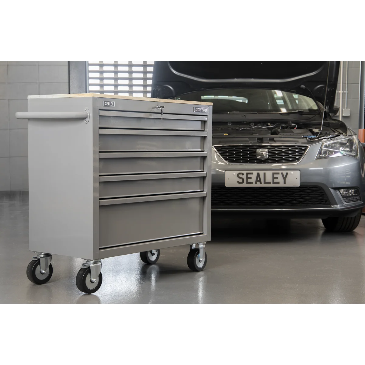 Sealey Mobile Workstation APMWS1G 5 Drawer Grey with Wooden Worktop