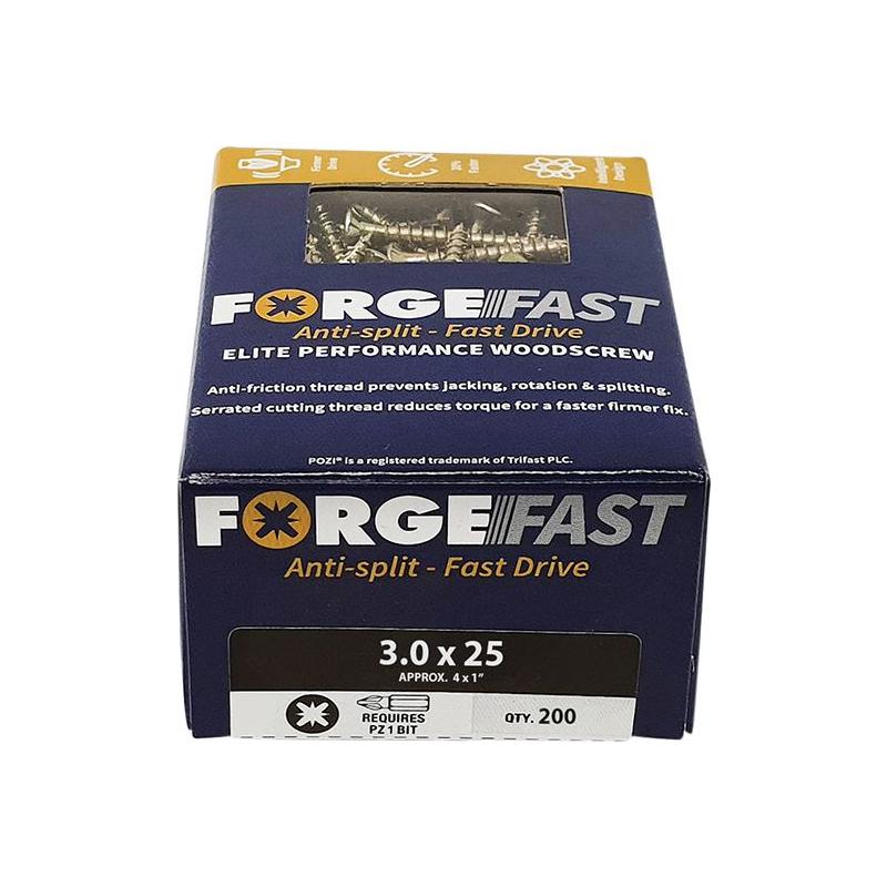 Forgefix ForgeFast Pozi Compatible Elite Performance Wood Screw ZY 3.0 x 25mm Box 200