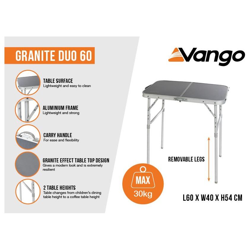 Vango Granite Duo 60 Aluminium Frame Table, Foldable Table with Adjustable Legs