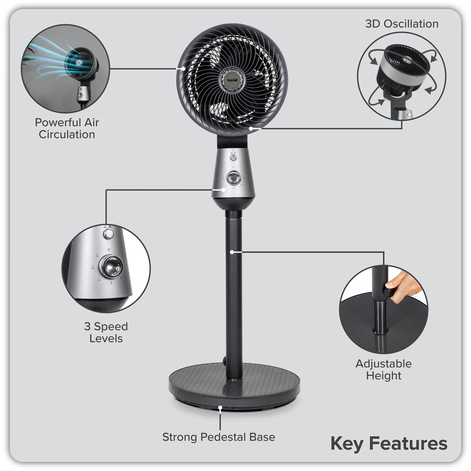 Baridi 10" Pedestal Fan DH142 60W Grey