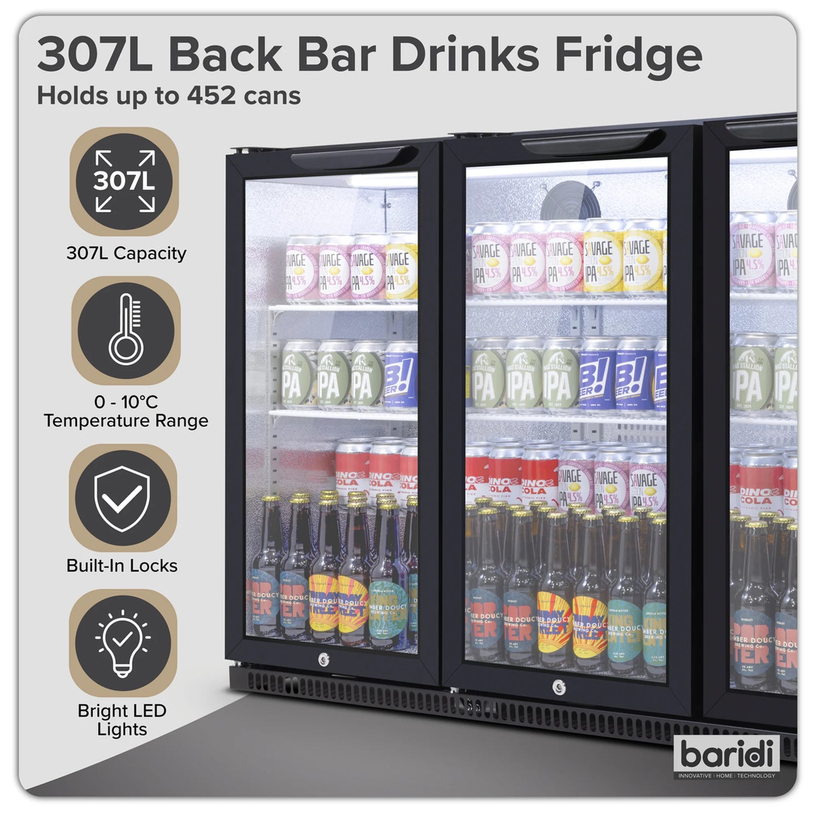 Baridi Back Bar Drinks Fridge Cooler DH336 307L Black