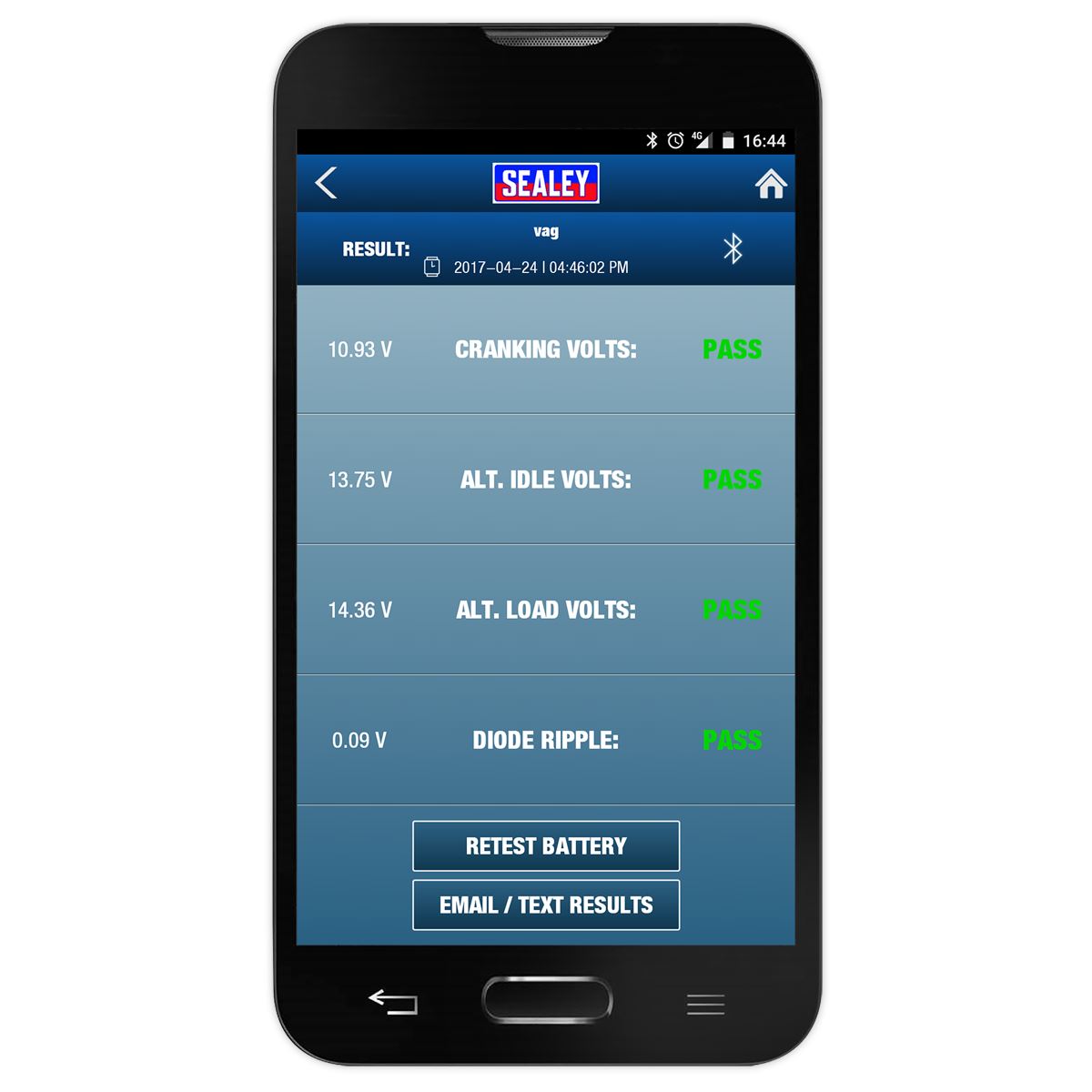 Sealey Bluetooth Battery Tester Charging Tests from Smartphone Waterproof BT3000