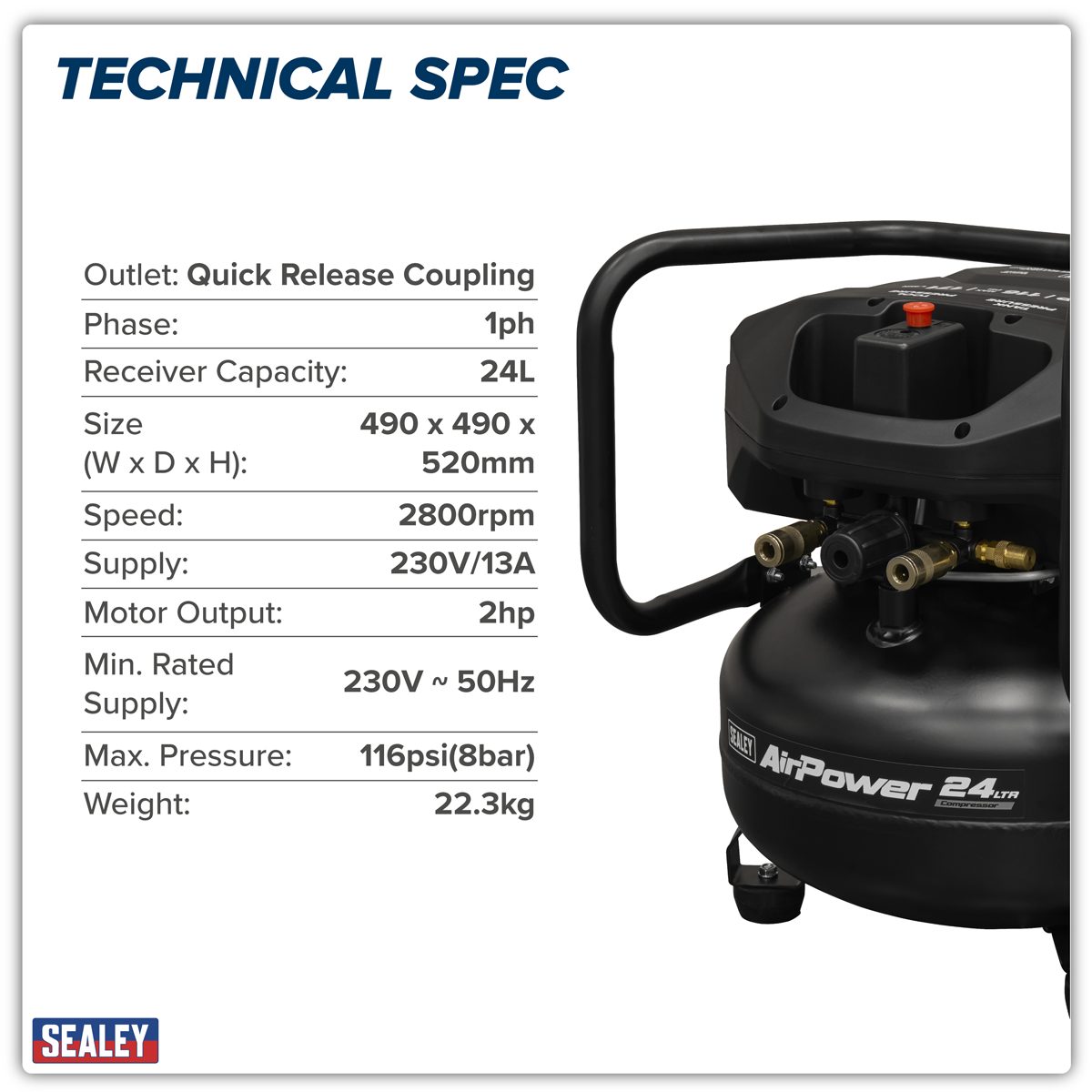 Sealey 24L Oil Free Belt Drive Compressor 2hp