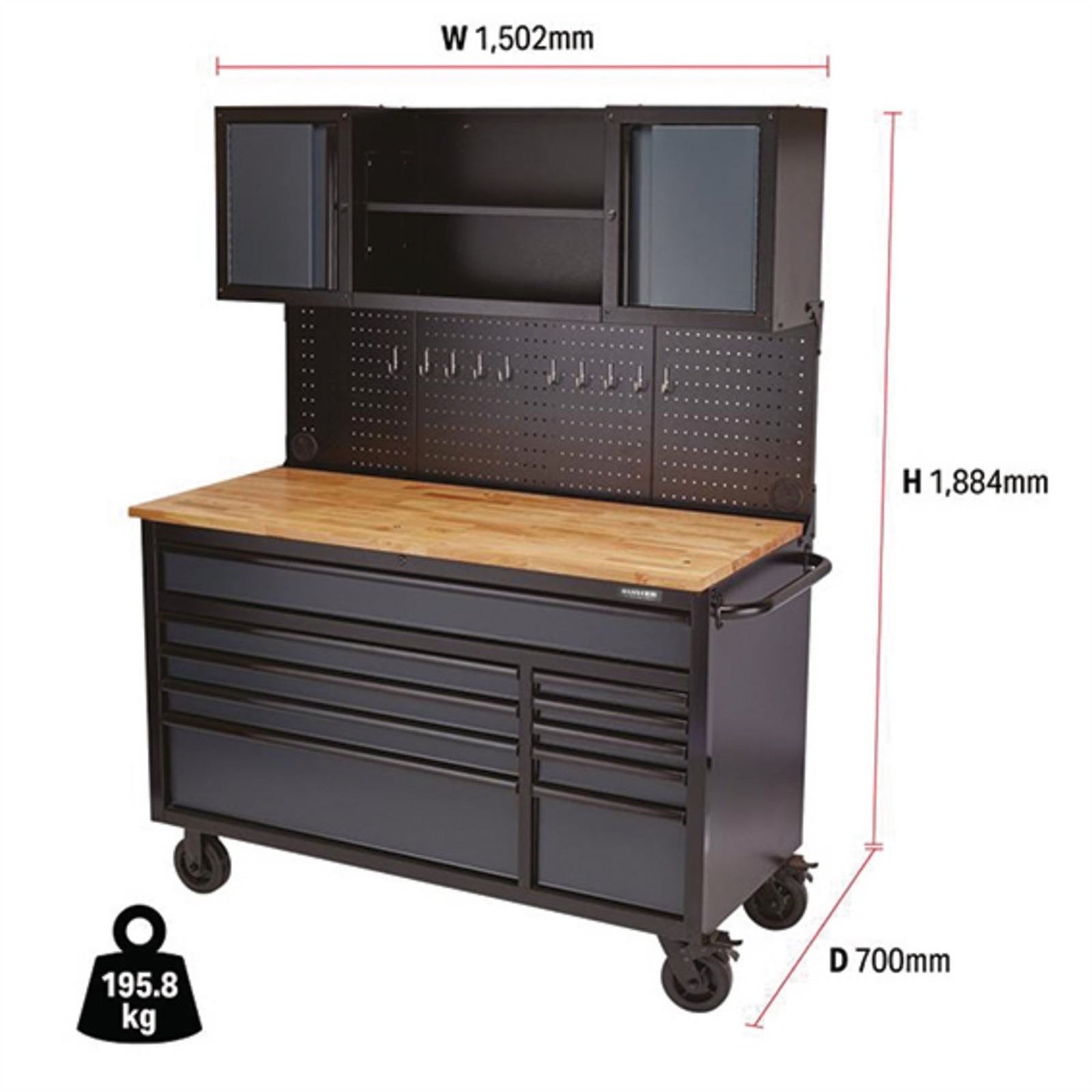Draper BUNKER Roller Workstation with Workbench, 10 Drawer, 56", Grey