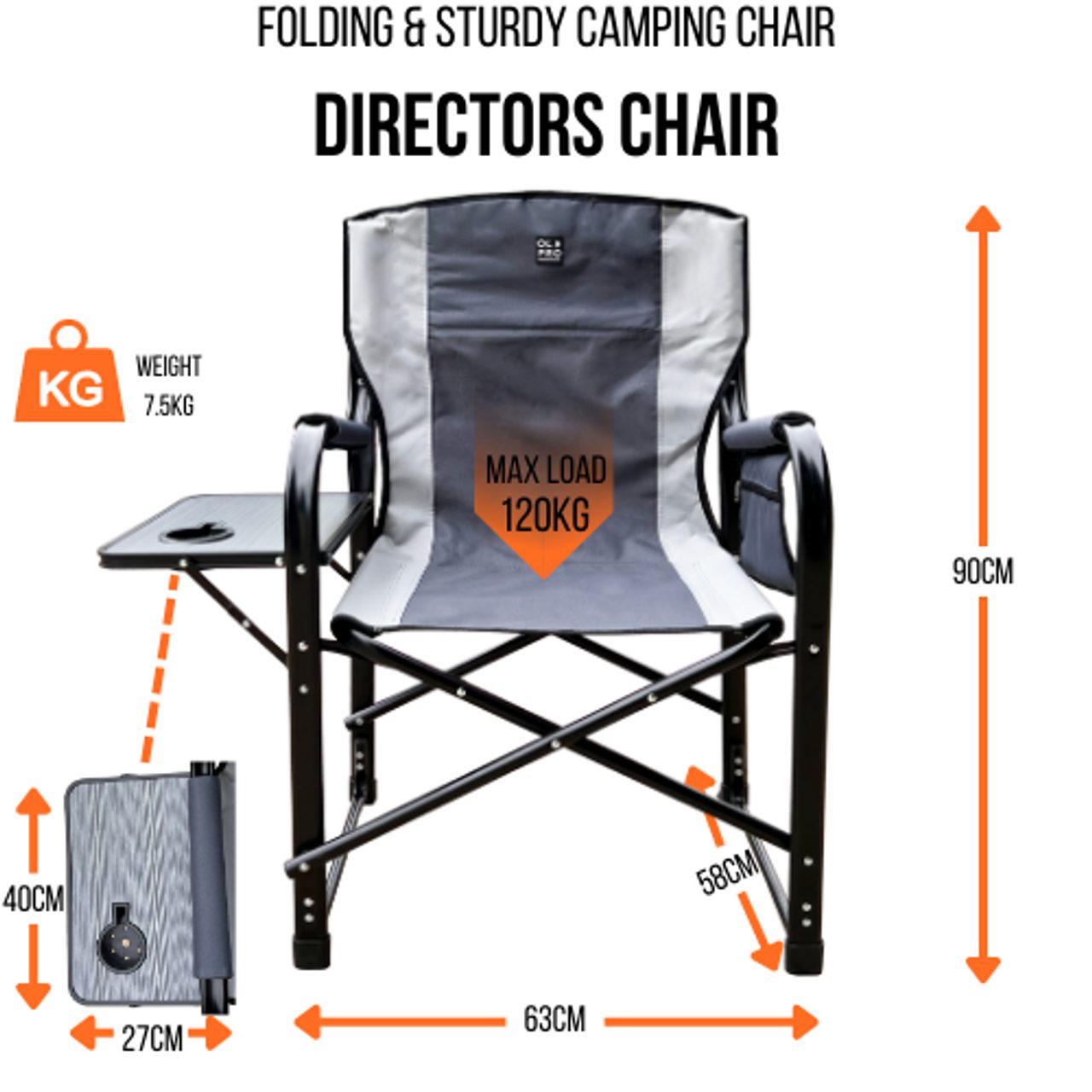 Olpro Directors Chair with side table Grey & Charcoal