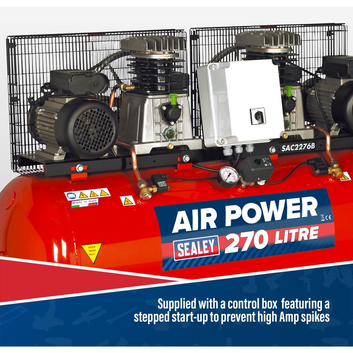 Sealey 270L Belt Drive Air Compressor with Cast Cylinders 2 x 3hp SAC2276B