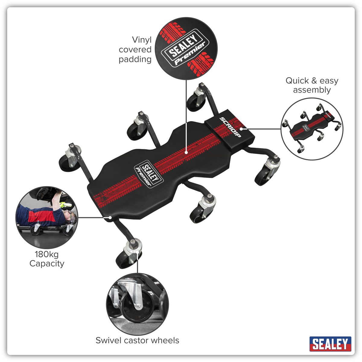 Sealey Premier Steel Creeper SCR101P 180kg Capacity with Headrest