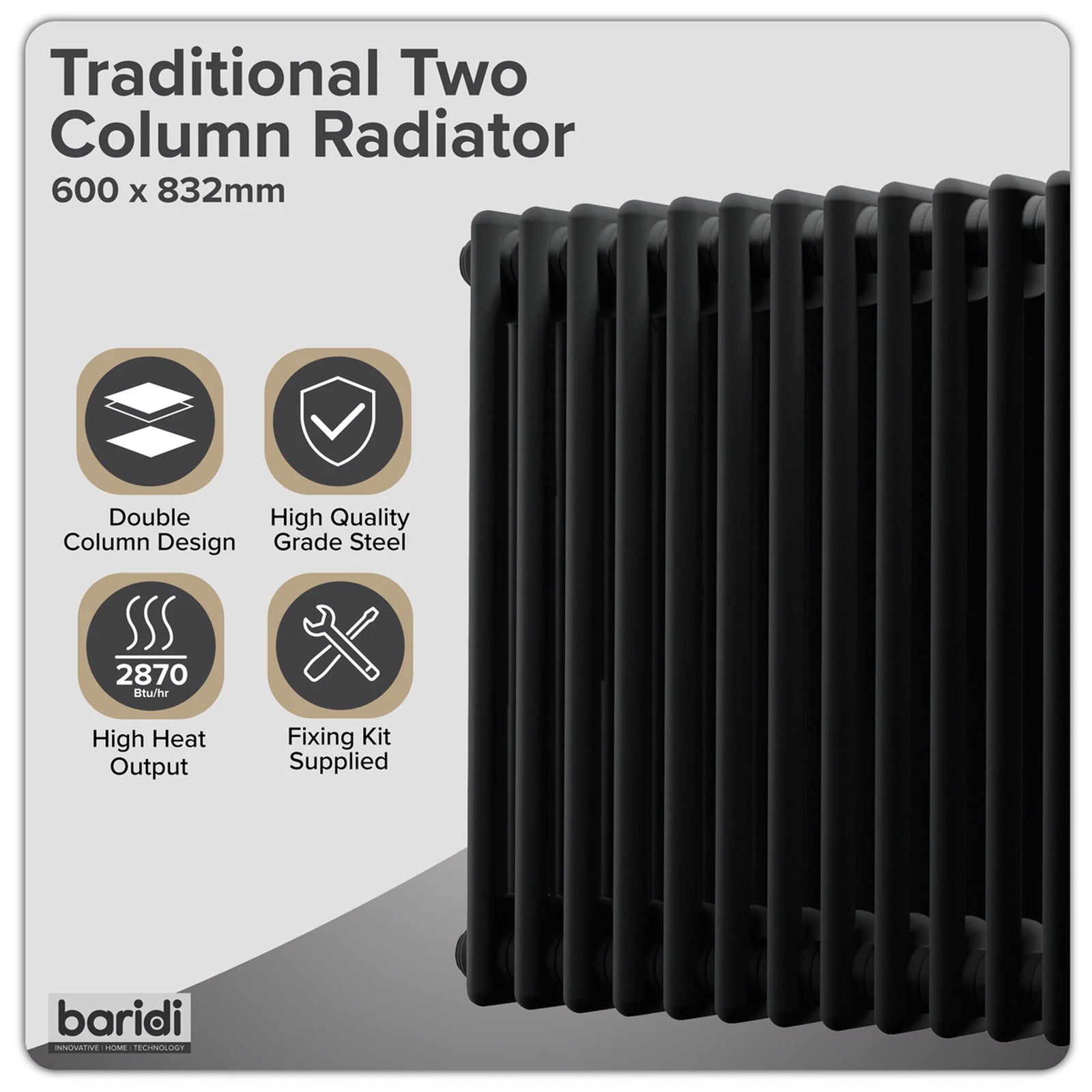 Baridi Horizontal Radiator DH363 600x832mm Black