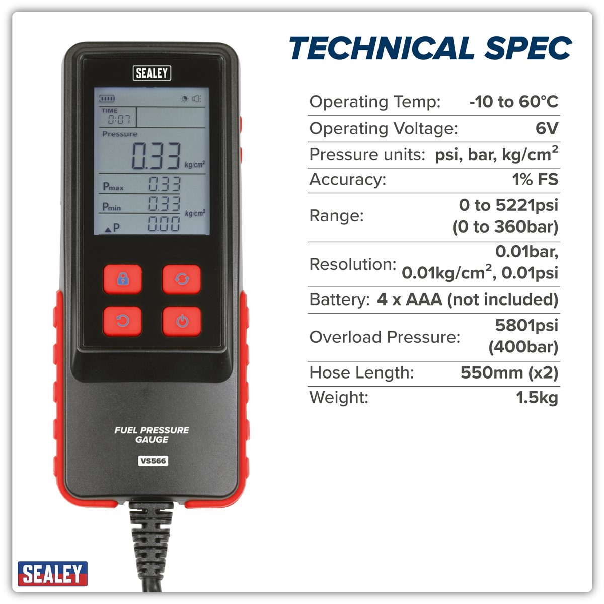 Sealey Digital Fuel Injection Pressure Test Kit VS566 6 Piece