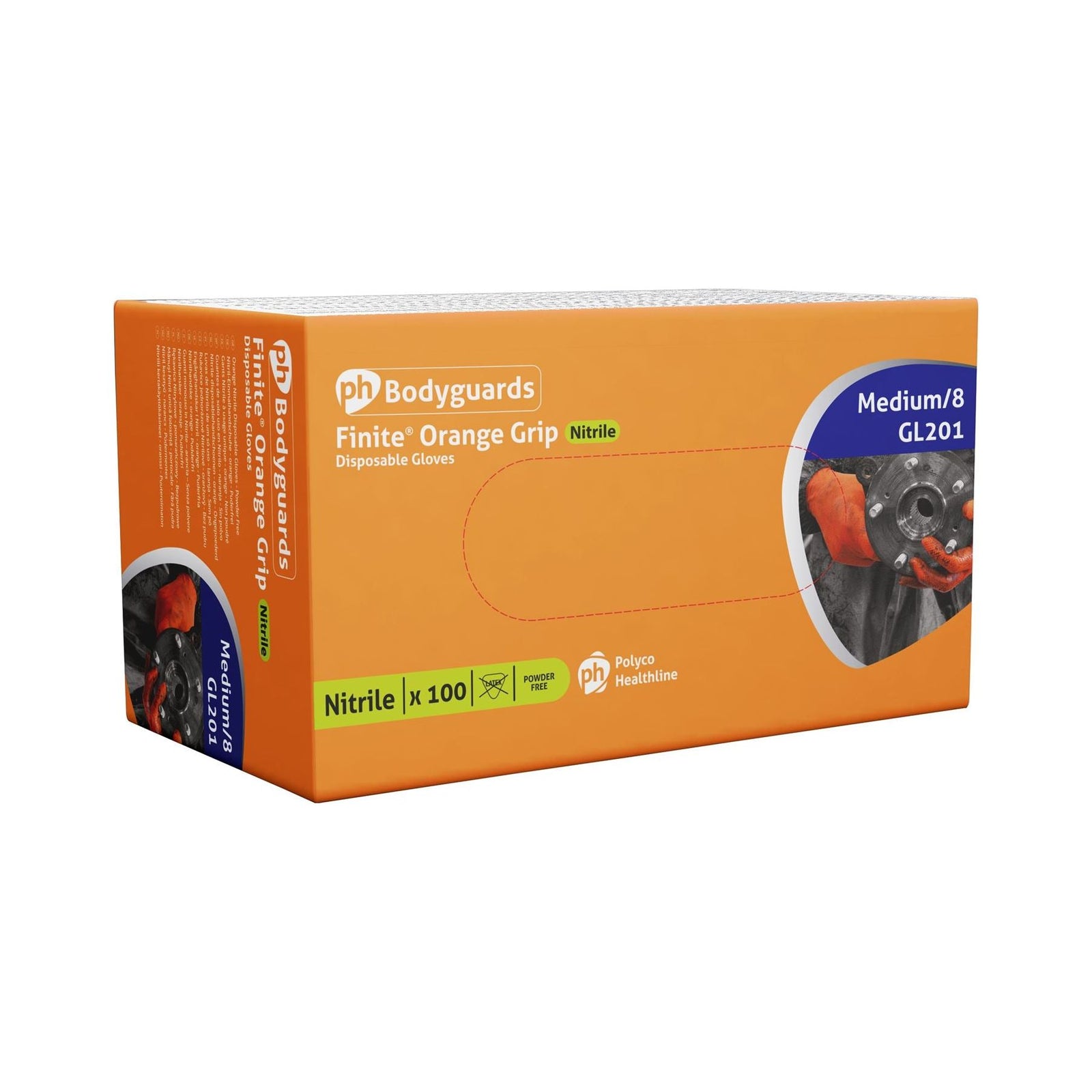 Bodyguard Finite Orange Grip Textured Grip Pattern Nitrile Gloves Medium Box 90