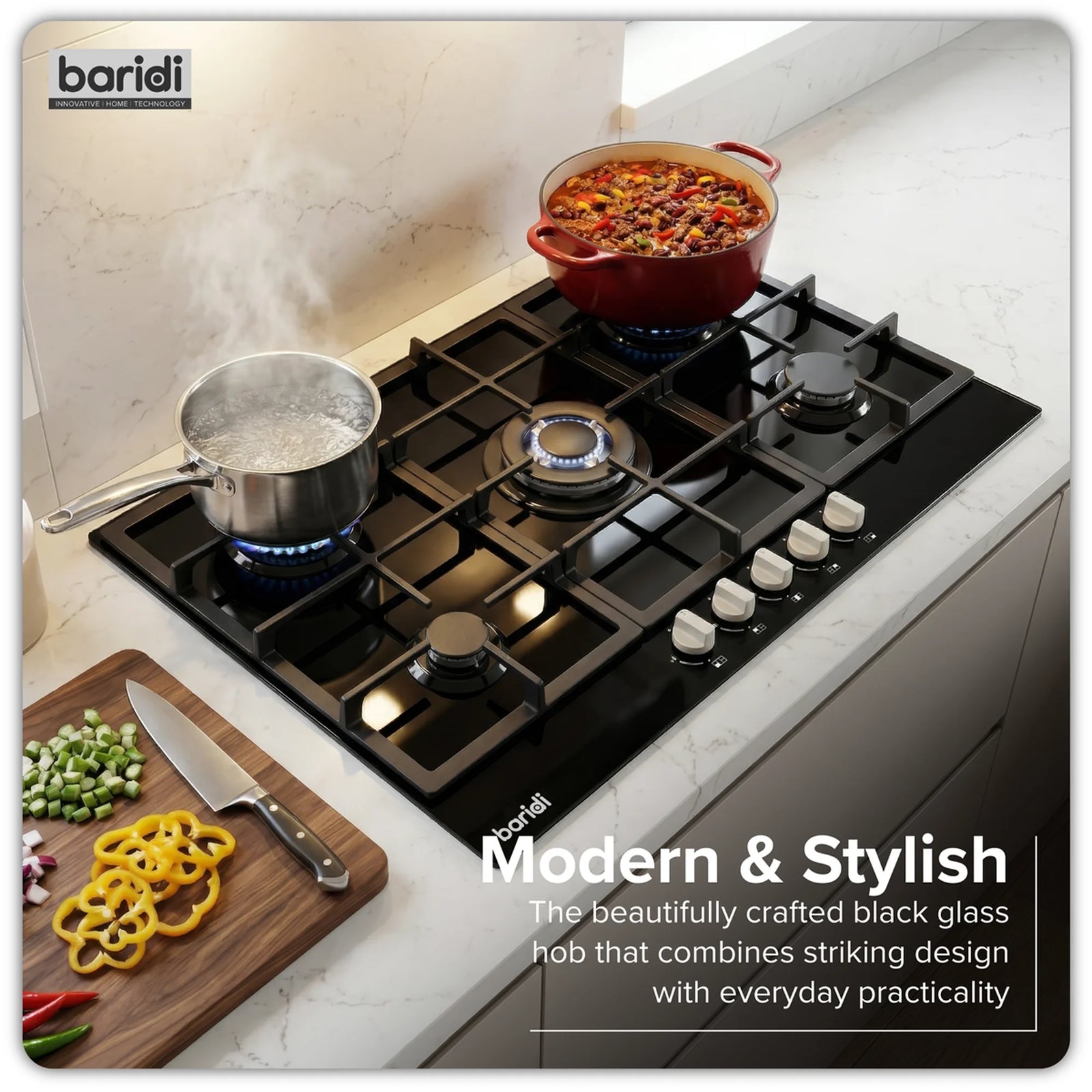 Baridi Gas Hob DH383 90cm with 5 Burners & 11kW Power