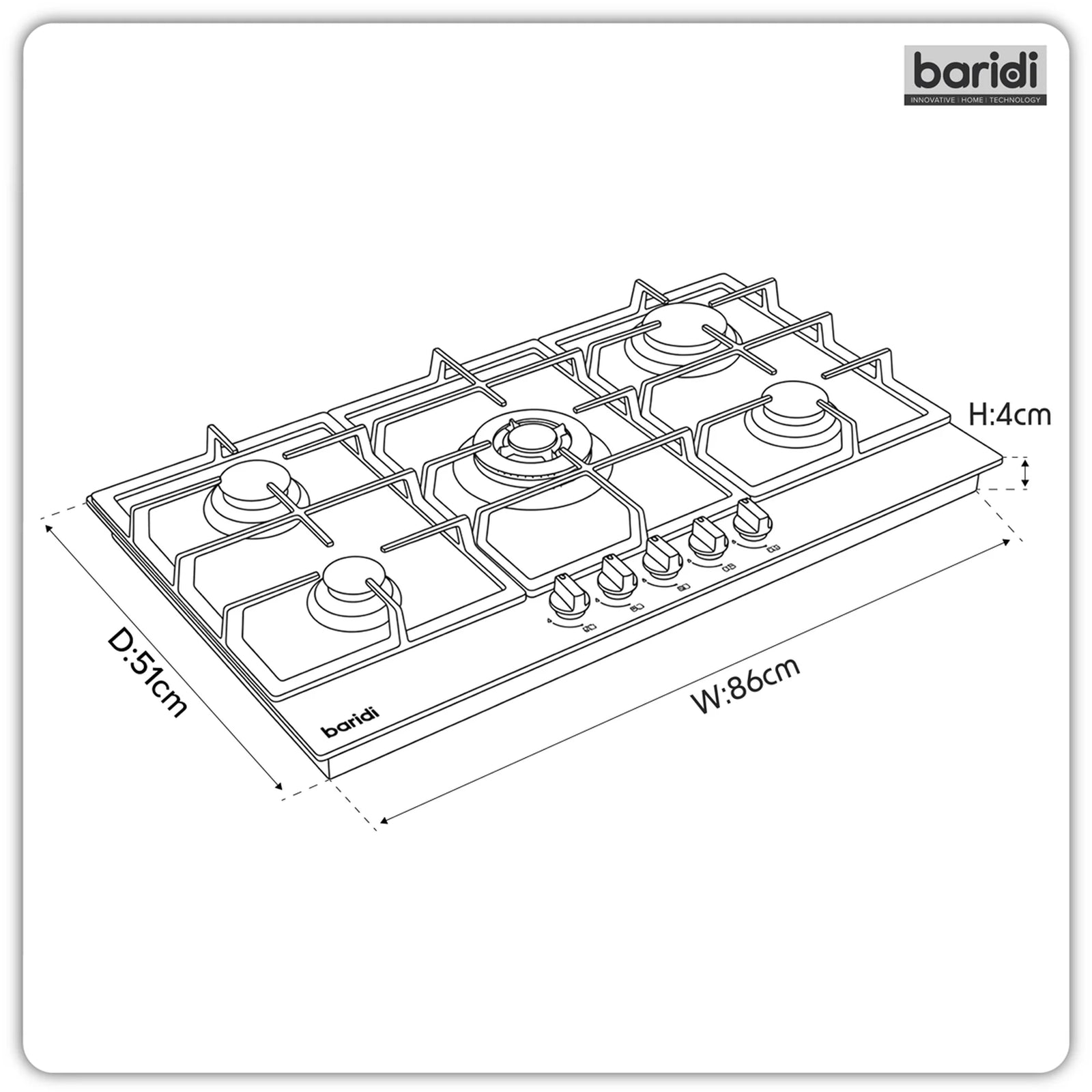 Baridi Gas Hob DH383 90cm with 5 Burners & 11kW Power