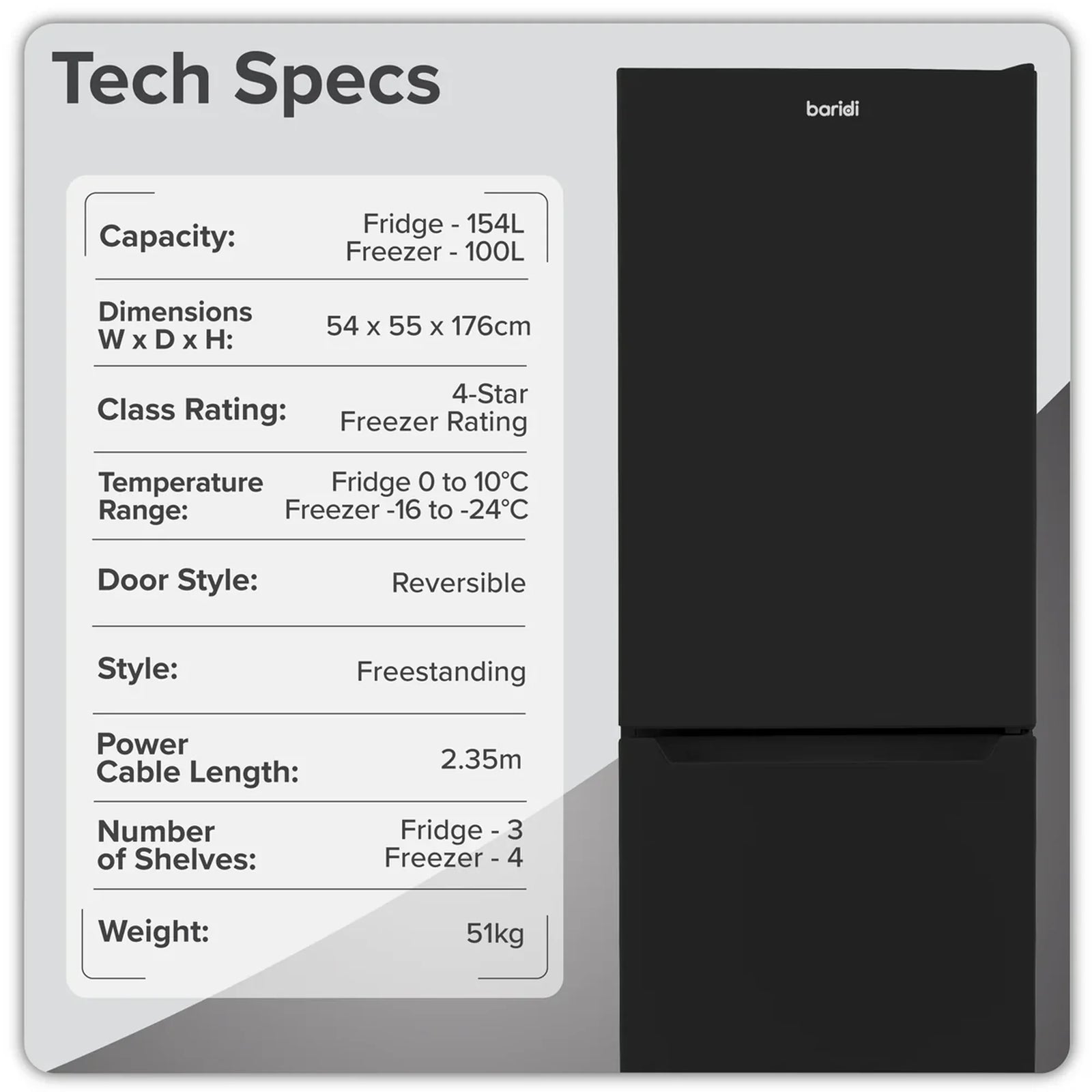Baridi 50/50 Smart Frost Fridge Freezer 254L Capacity - Black