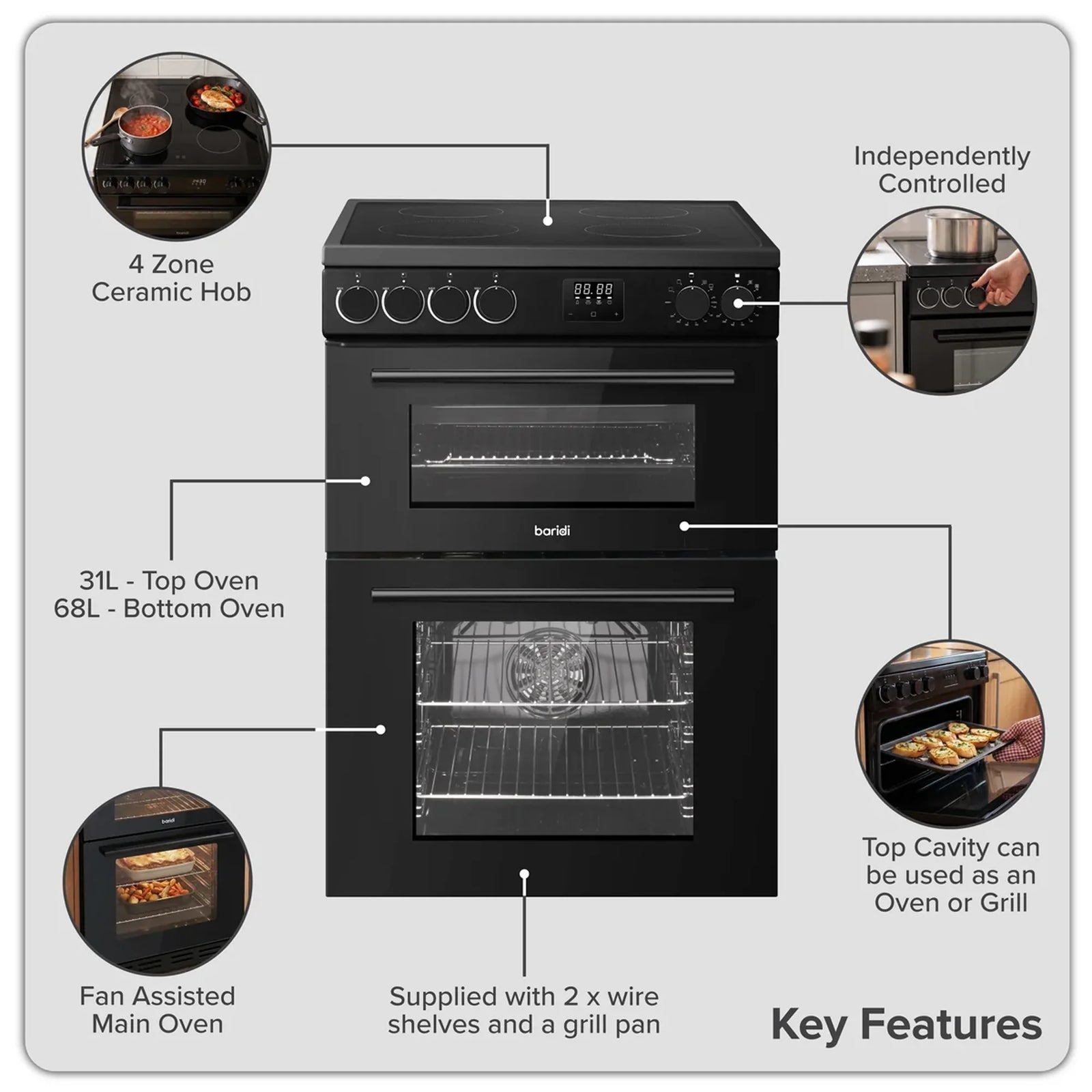Baridi Freestanding Cooker DH429 60cm 99L Double Cavity - Black