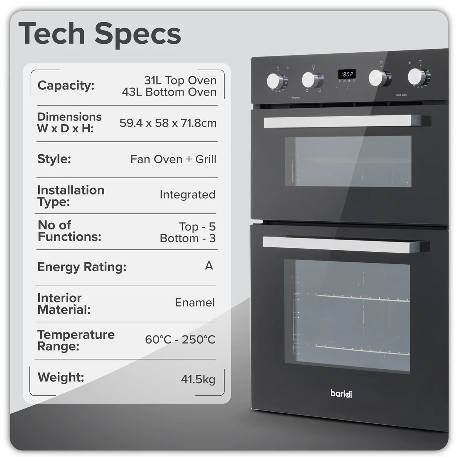Baridi Built-Under Double Oven DH278, 74L Capacity, Energy Rating A