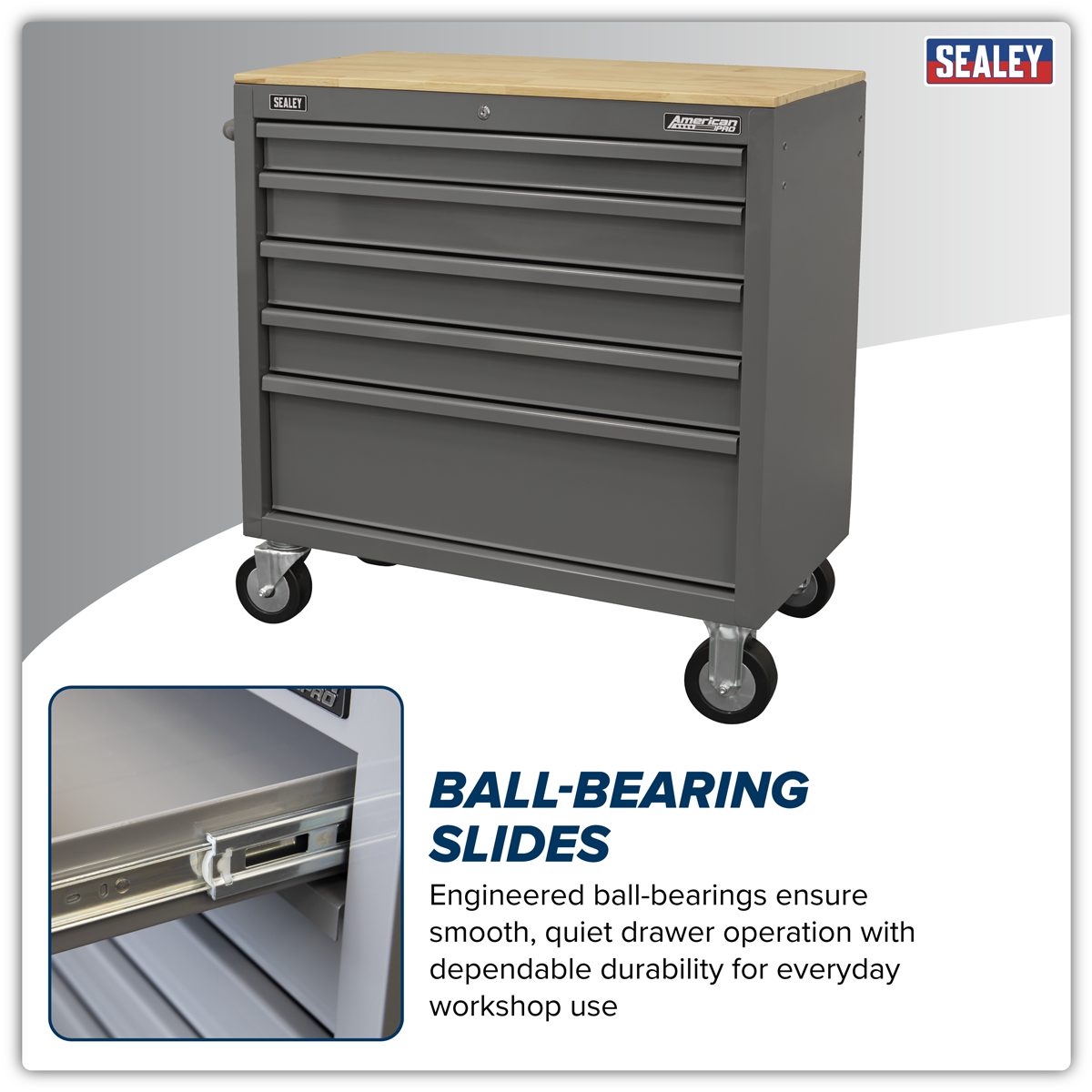 Sealey Mobile Workstation APMWS1G 5 Drawer Grey with Wooden Worktop