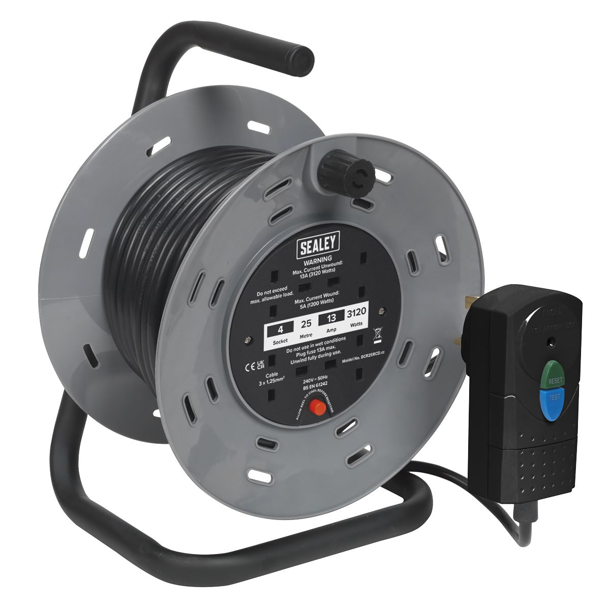Sealey Cable Reel 25m 4 x 230V 1.25mmï Thermal Trip with RCD Plug BCR25RCD